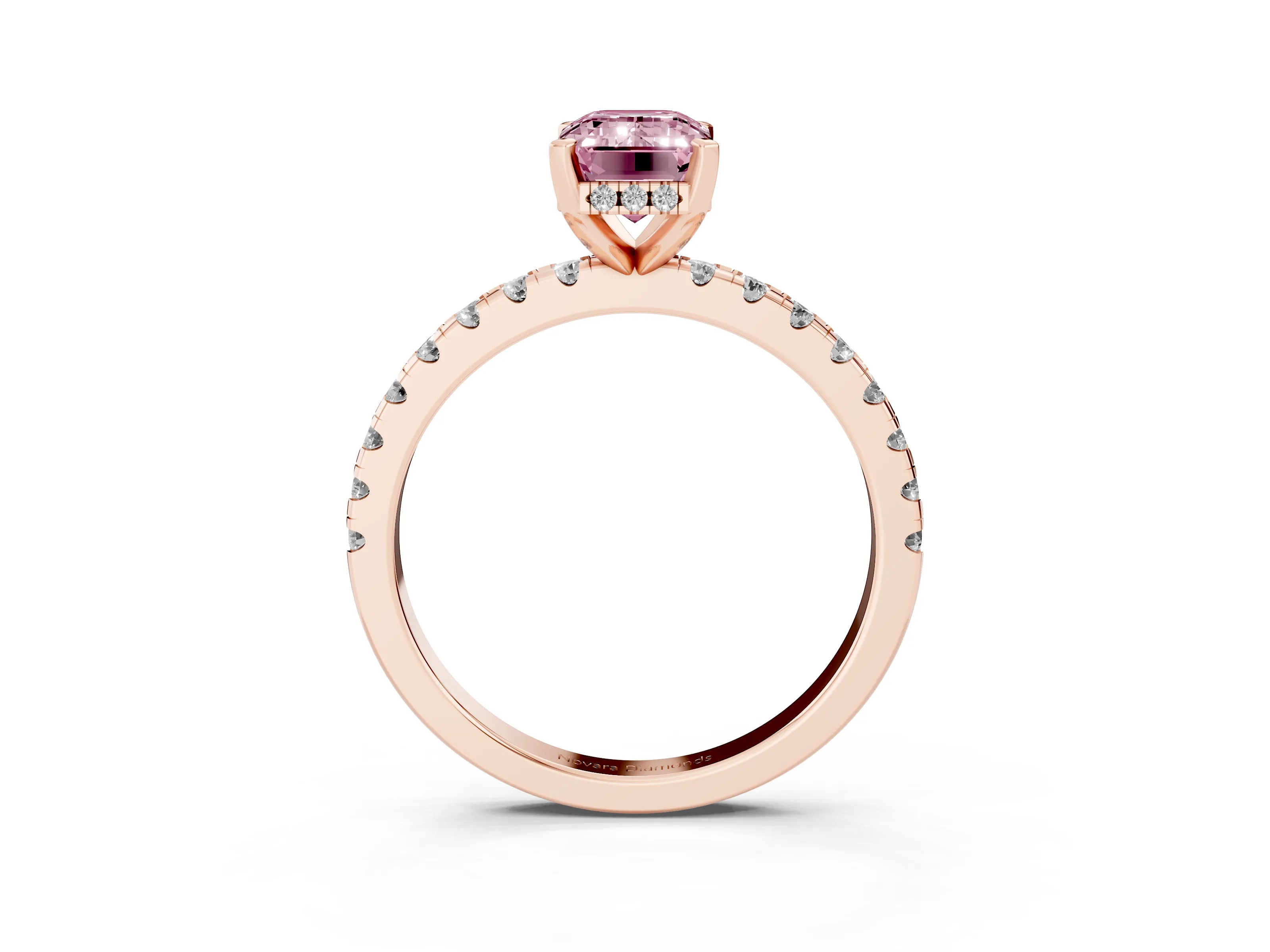Fancy Pink Emerald Cut Diamond Pavé Solitaire Ring Set in Rose gold with Round Band Accents and Prong Setting