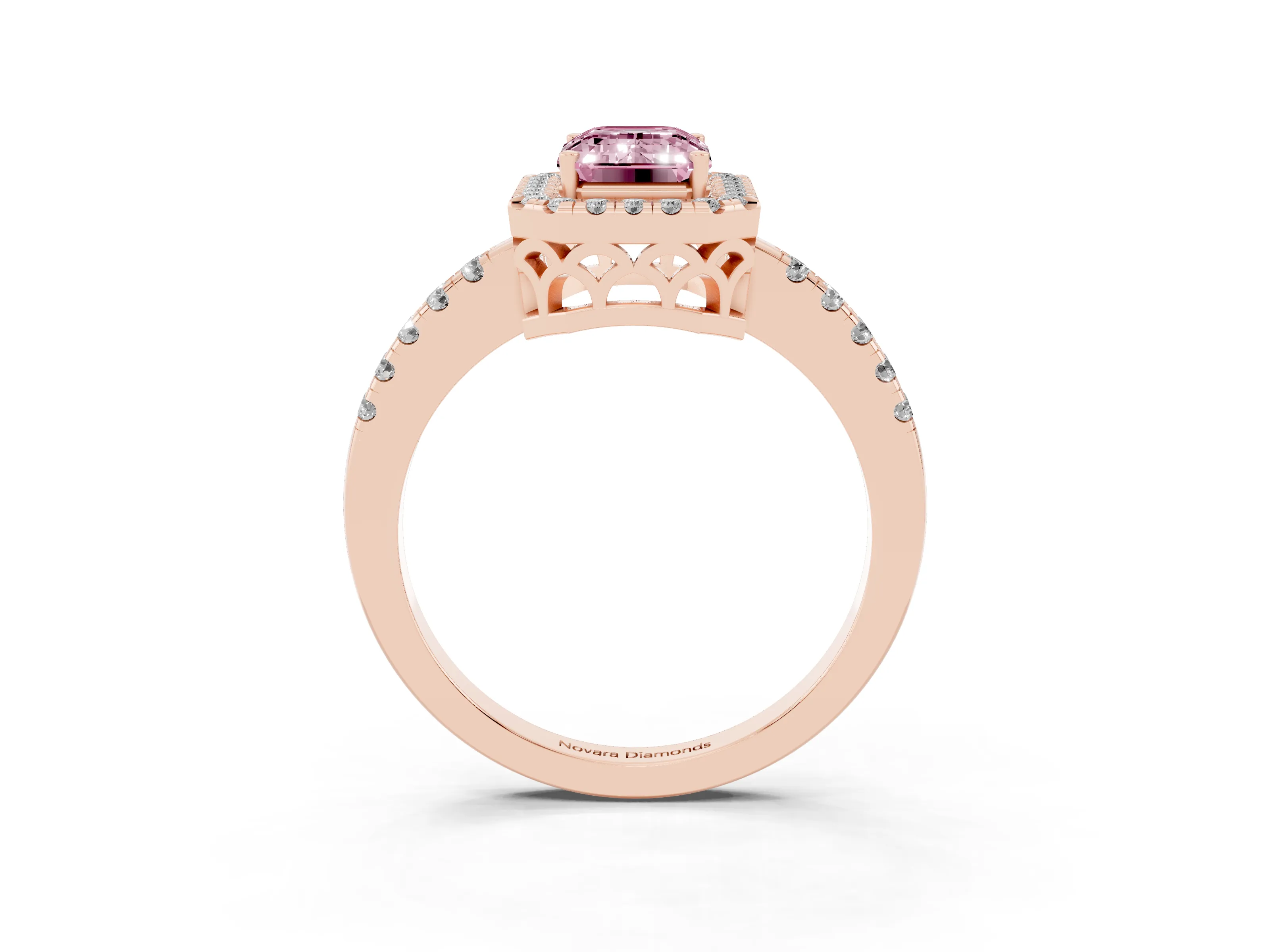 Fancy Pink Emerald Cut Diamond Pavé Band Halo Engagement Ring Set in Rose gold with Prong Setting