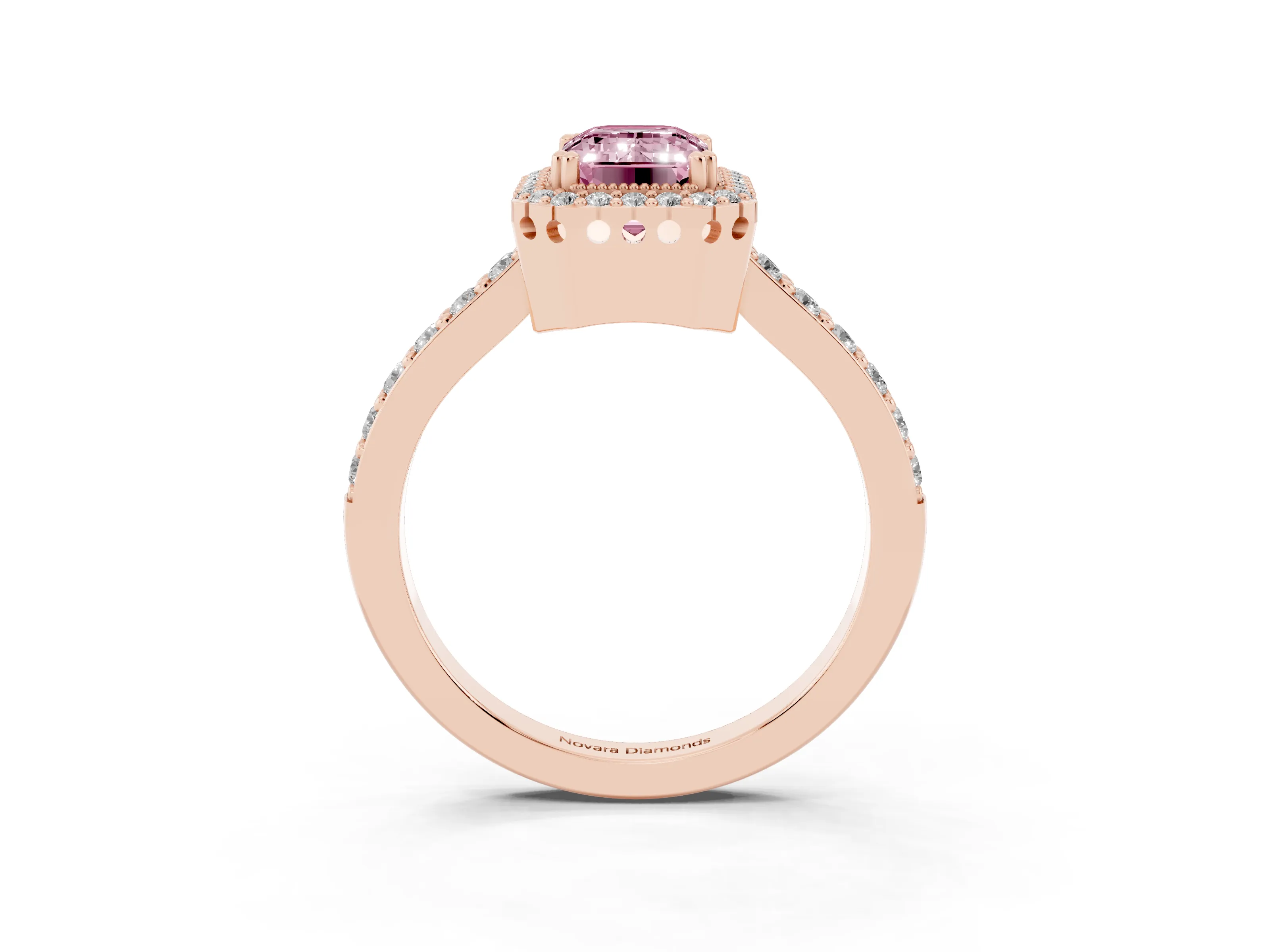 Fancy Pink Emerald Cut Diamond Halo Engagement Ring Set in Rose gold with Milgrain Detail and Pavé Band