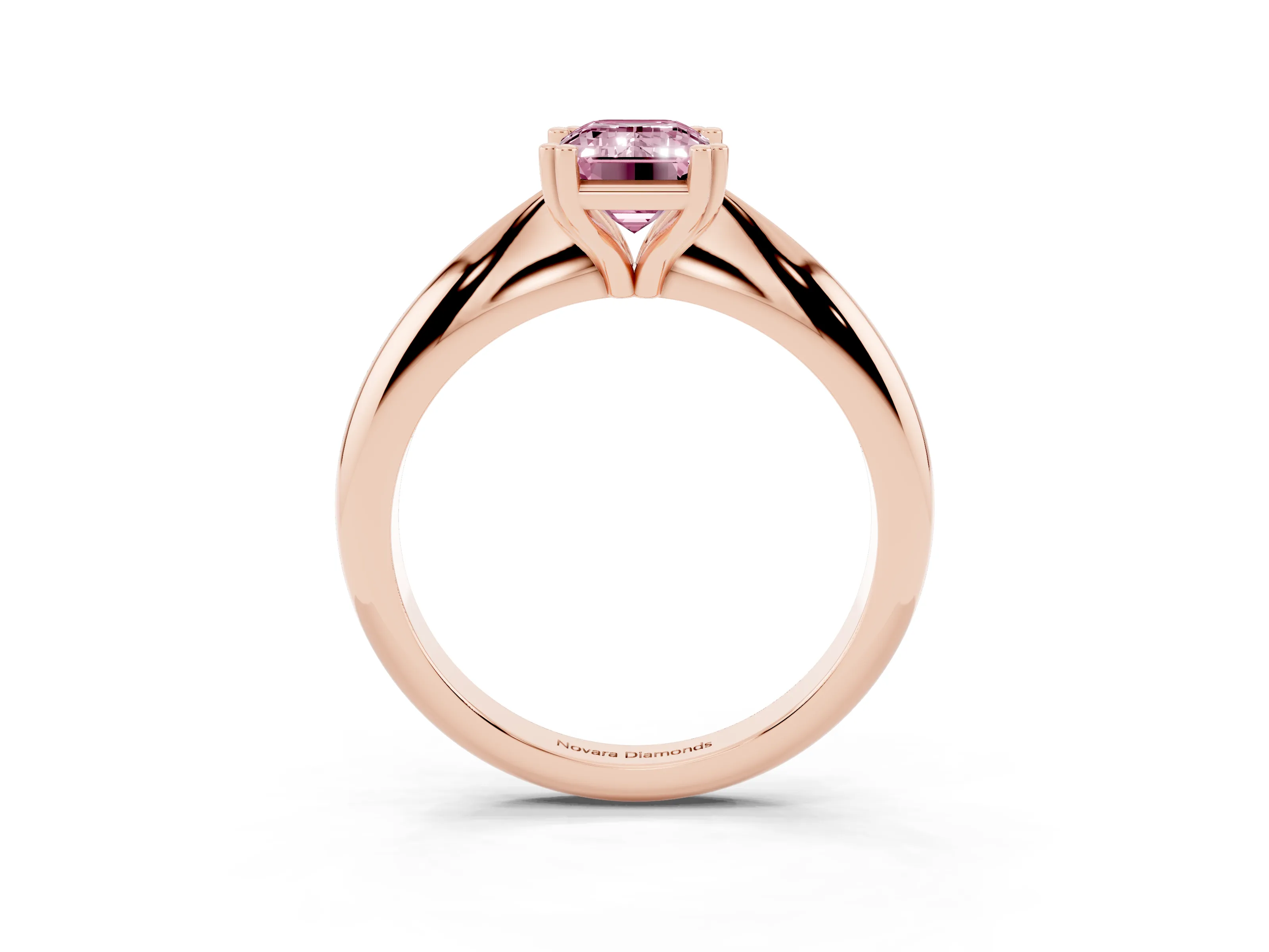 Fancy Pink Emerald Cut Diamond Solitaire Engagement Ring Set in Rose gold with Tapered Band and Prong Setting