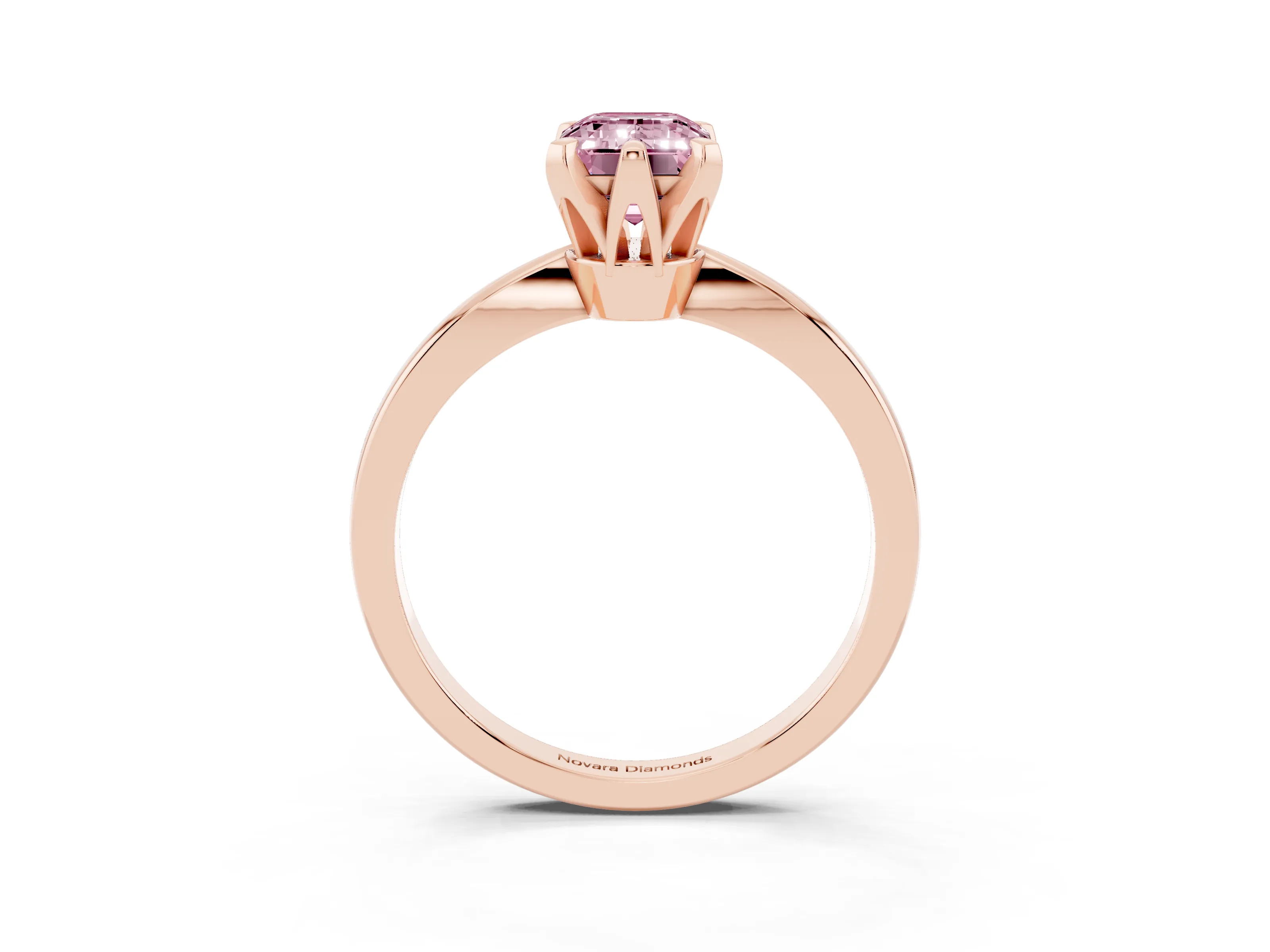 Fancy Pink Emerald Cut Diamond Solitaire Engagement Ring Set in Rose gold with Slim Tapered Solitaire Band