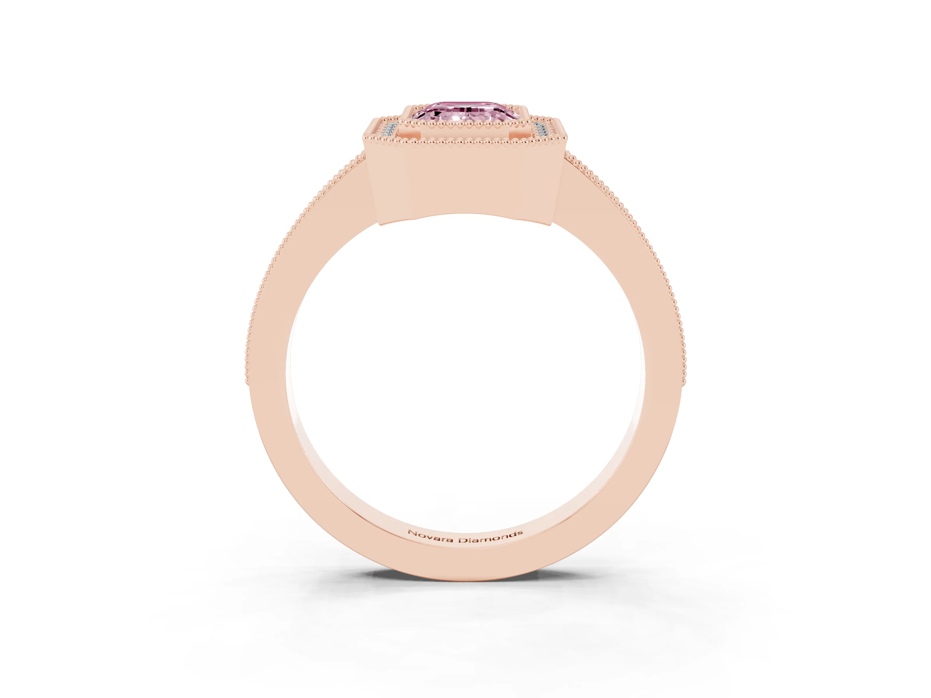 Fancy Pink Emerald Cut Diamond Halo Engagement Ring Set in Rose gold with Pavé Band and Round Halo Stones