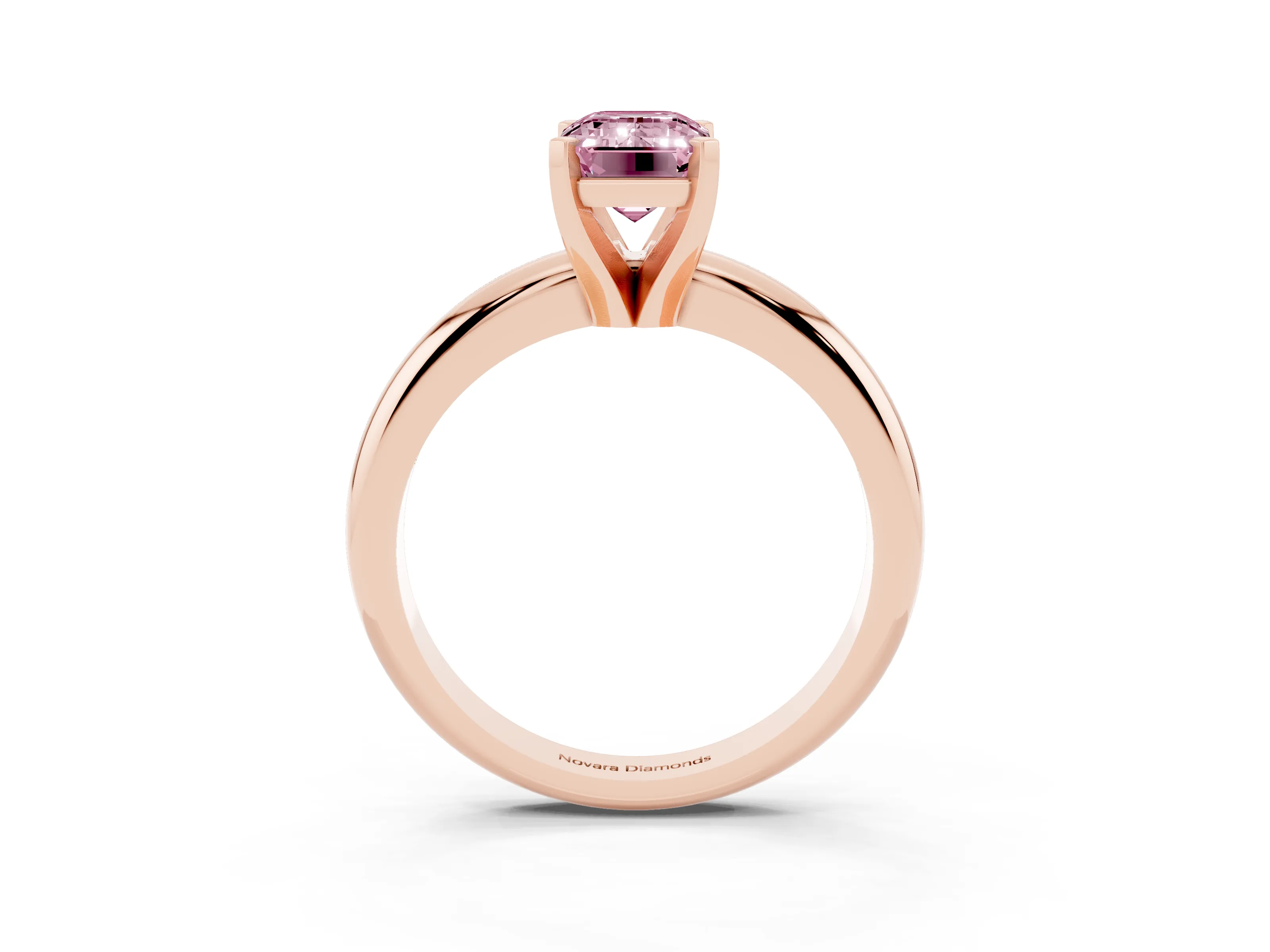 Fancy Pink Emerald Cut Diamond Solitaire Engagement Ring Set in Rose gold with Round Band and Prong Setting