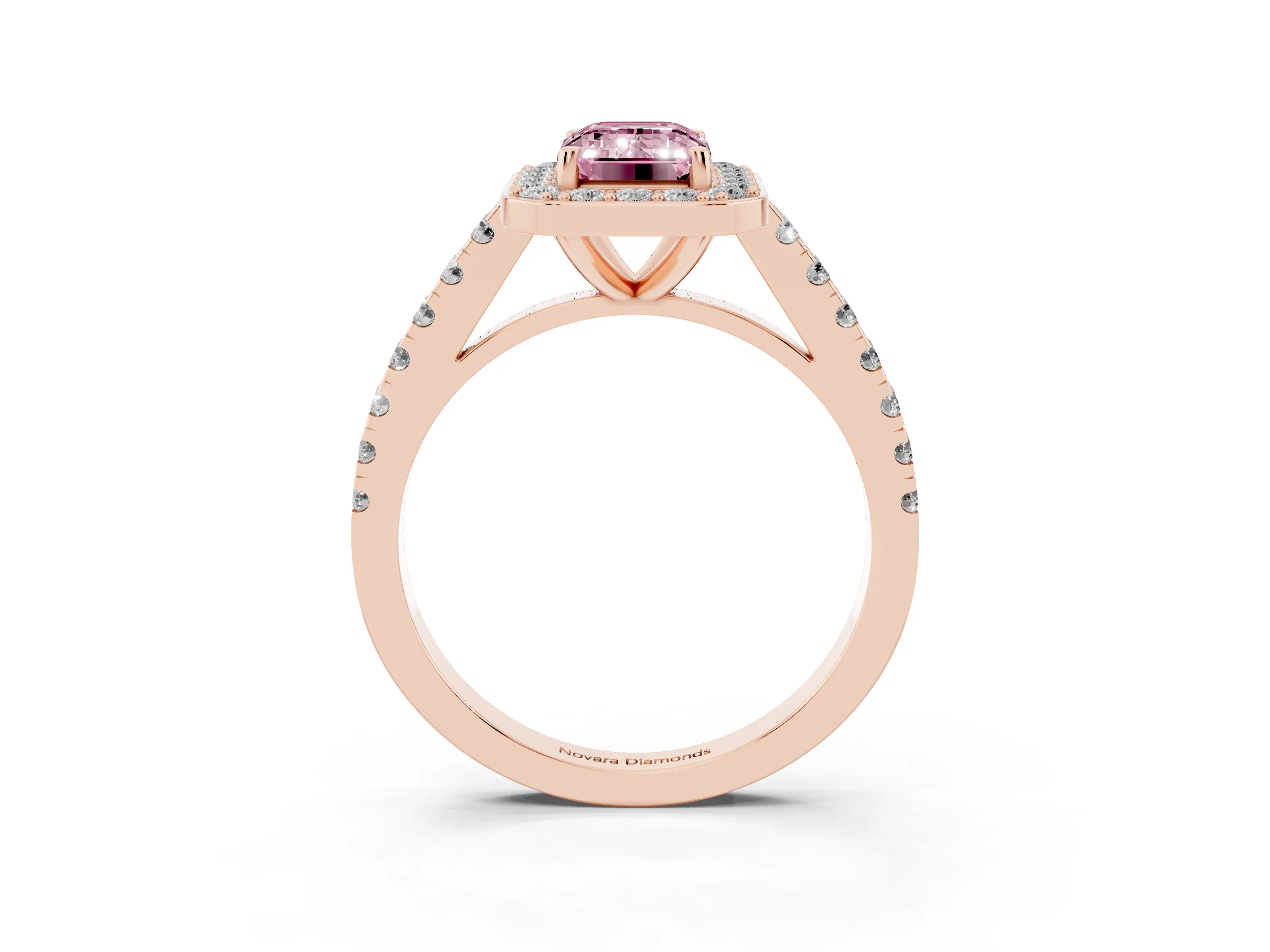 Fancy Pink Emerald Cut Diamond Halo Ring Set in Rose gold with Round Pavé Split Shank and Prong Setting