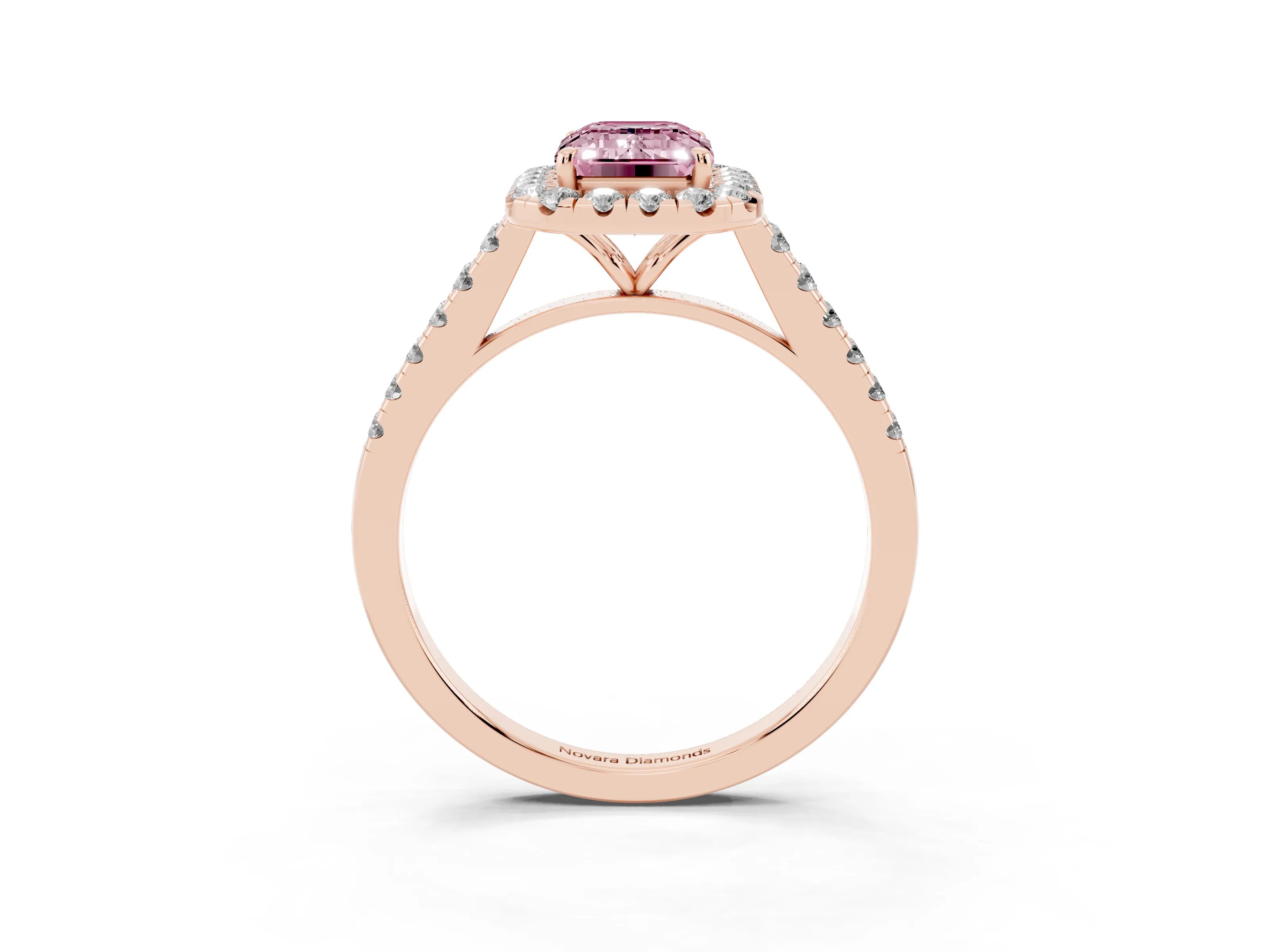 Fancy Pink Emerald Cut Diamond Halo Pavé Engagement Ring Set in Rose gold with Prong Setting