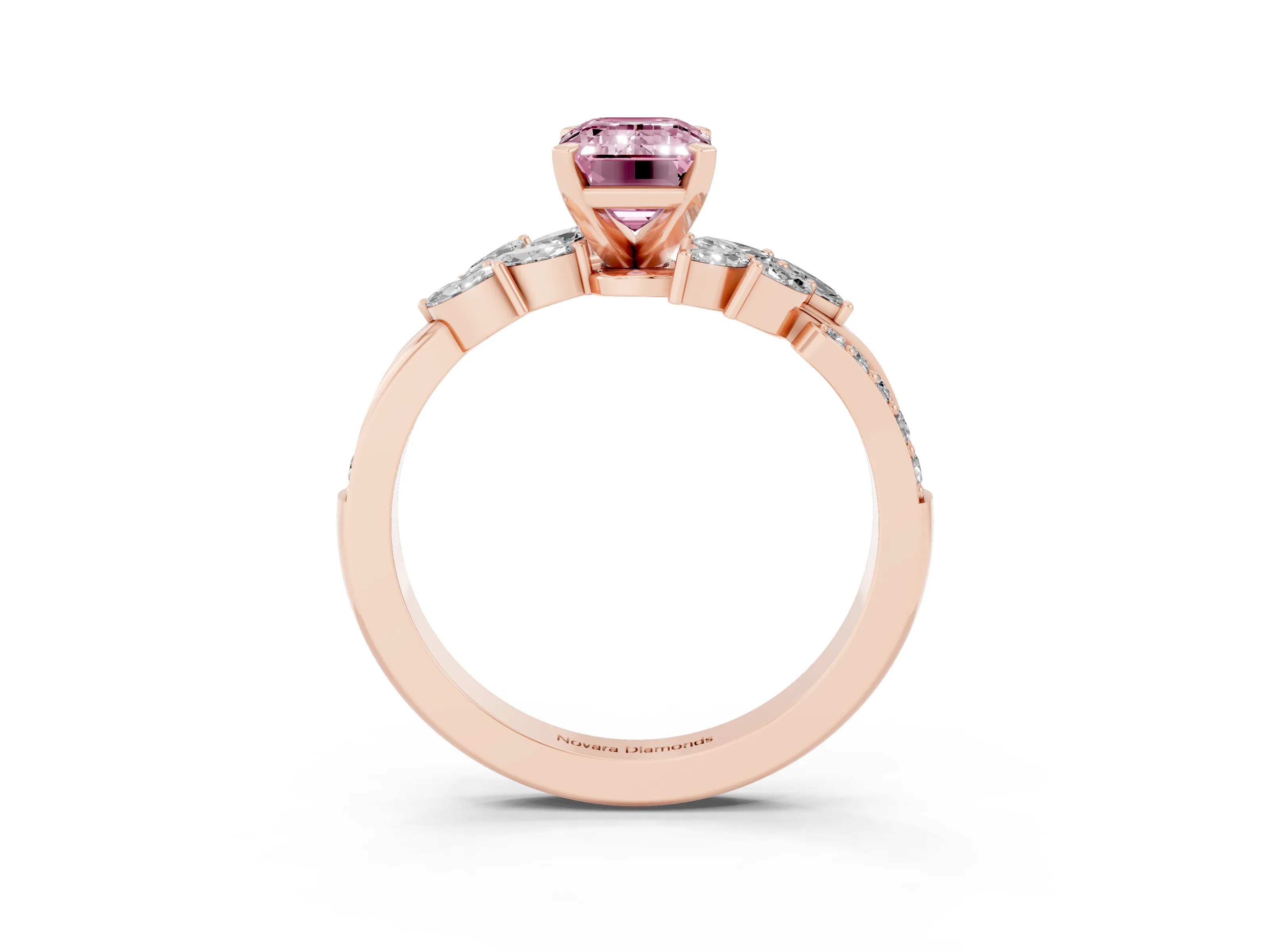 Fancy Pink Emerald Cut Diamond Solitaire Ring Set in Rose gold with Marquise Twist Band and Prong Setting