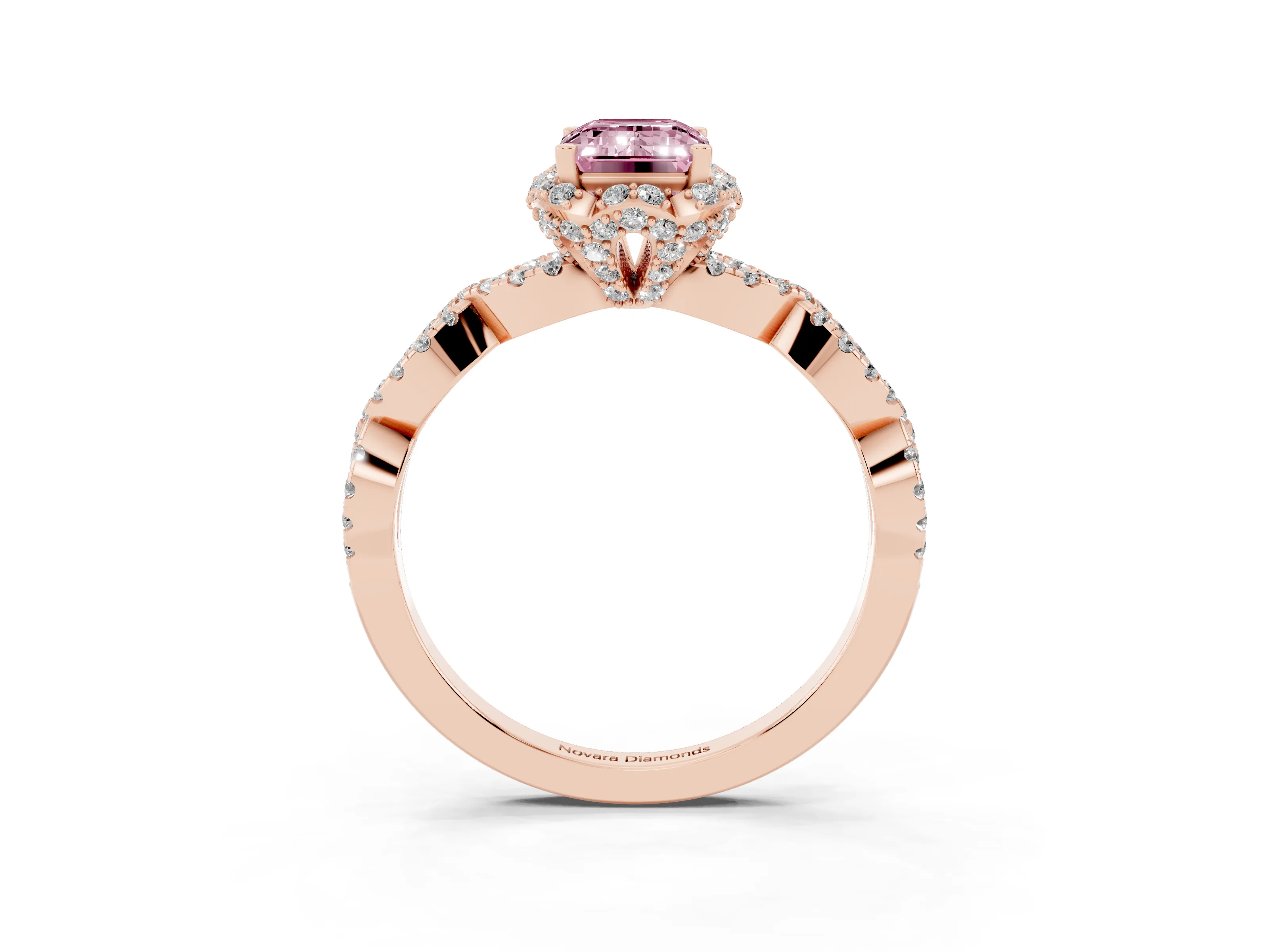 Fancy Pink Emerald Cut Diamond Halo Twist Band Solitaire Ring Set in Rose gold with Prong-Set Center Stone
