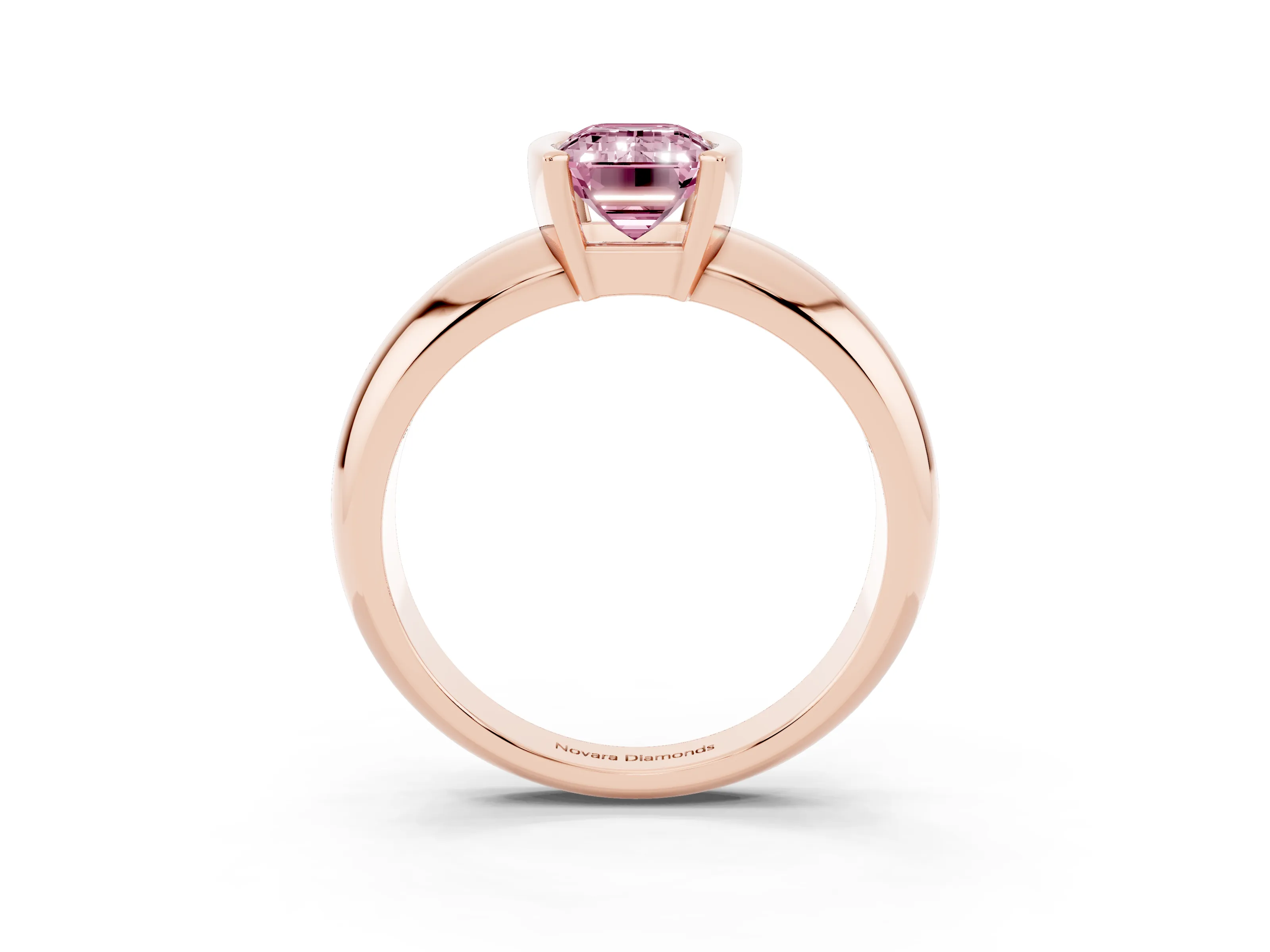 Fancy Pink Emerald Cut Diamond Solitaire Tension Set Ring Set in Rose gold with Wide Band