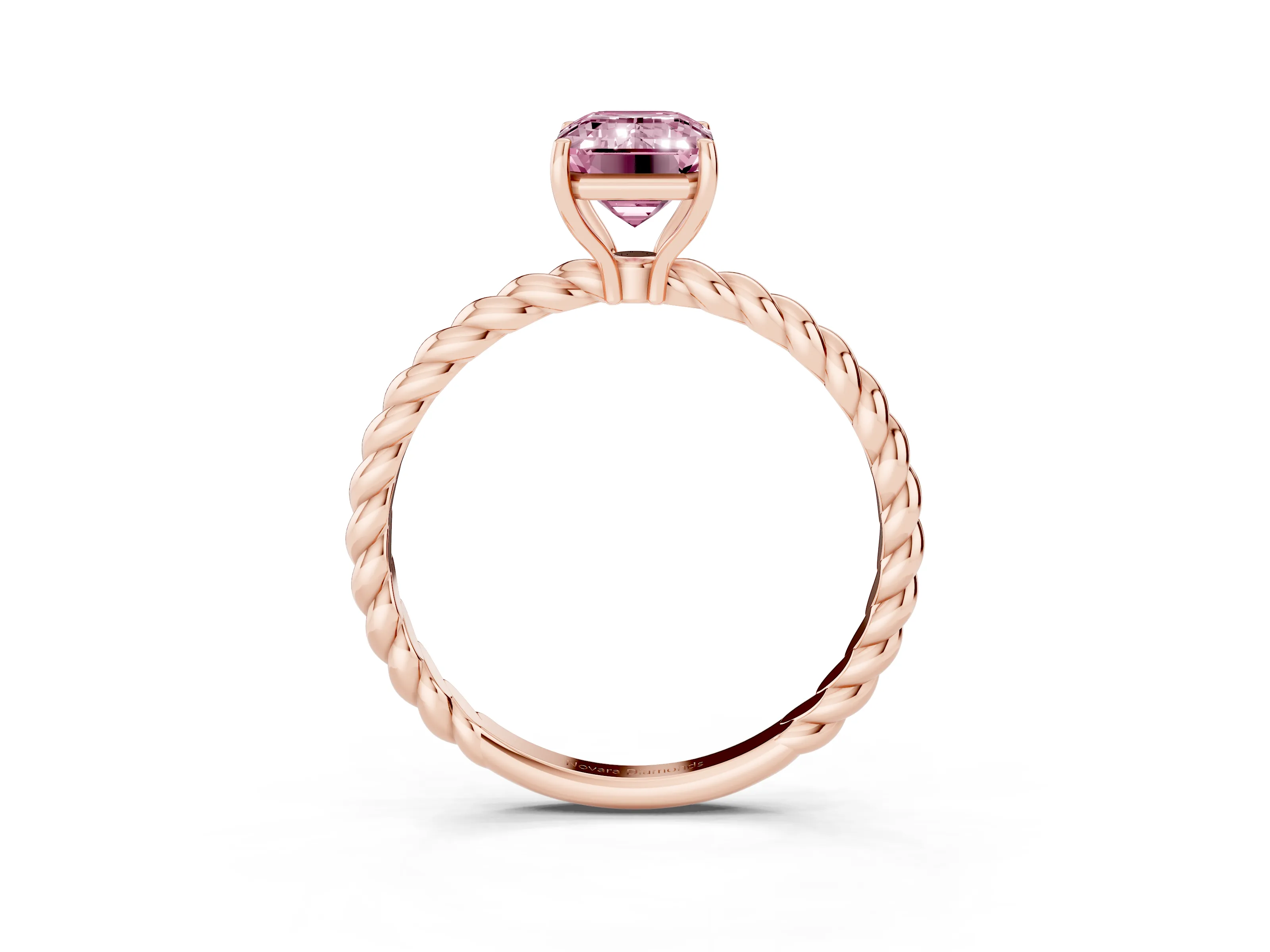 Fancy Pink Emerald Cut Diamond Solitaire Ring Set in Rose gold with Twist Band and Prong Setting