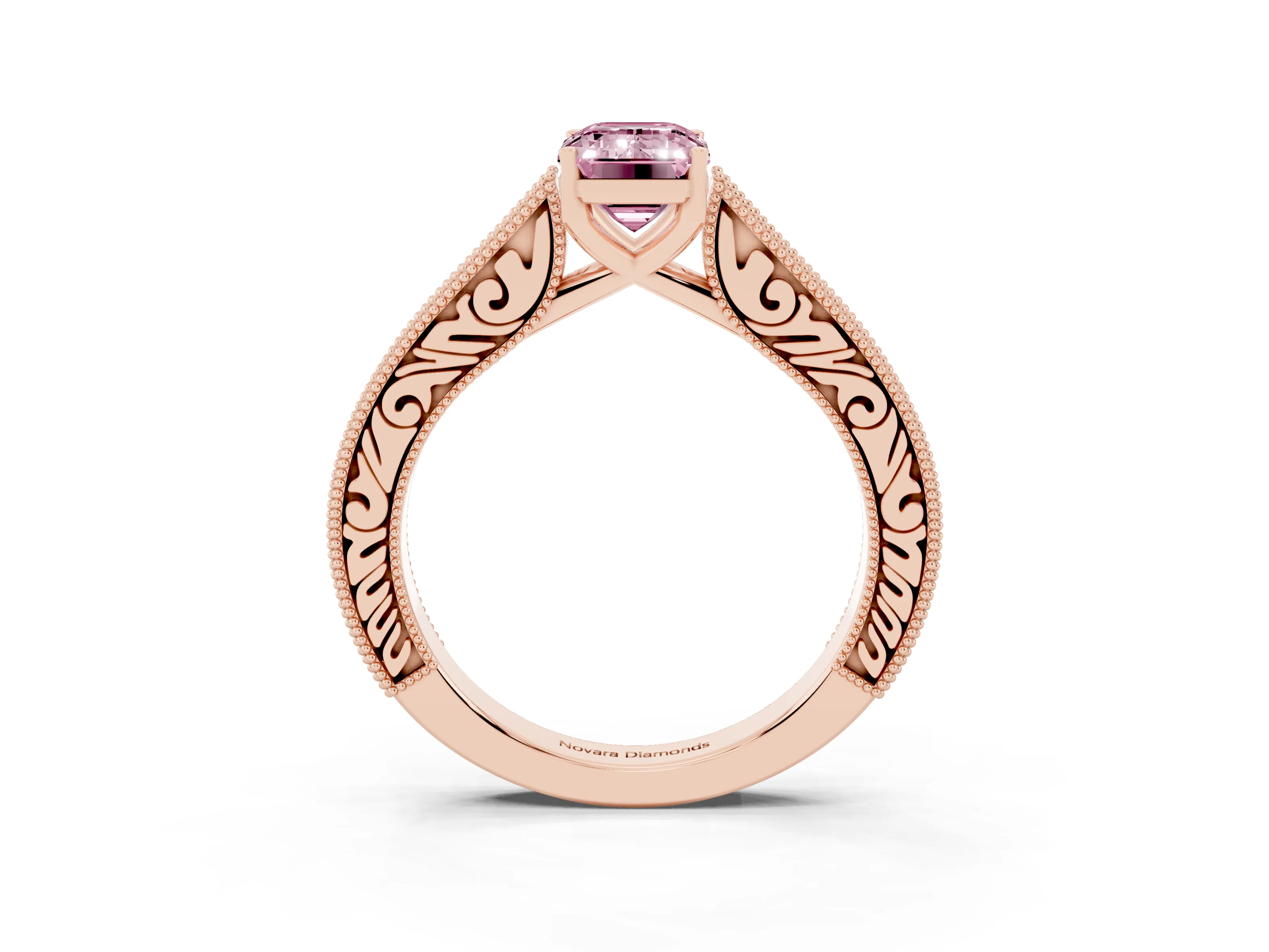 Fancy Pink Emerald Cut Diamond Milgrain Pavé Band Solitaire Ring Set in Rose gold with Prong Setting