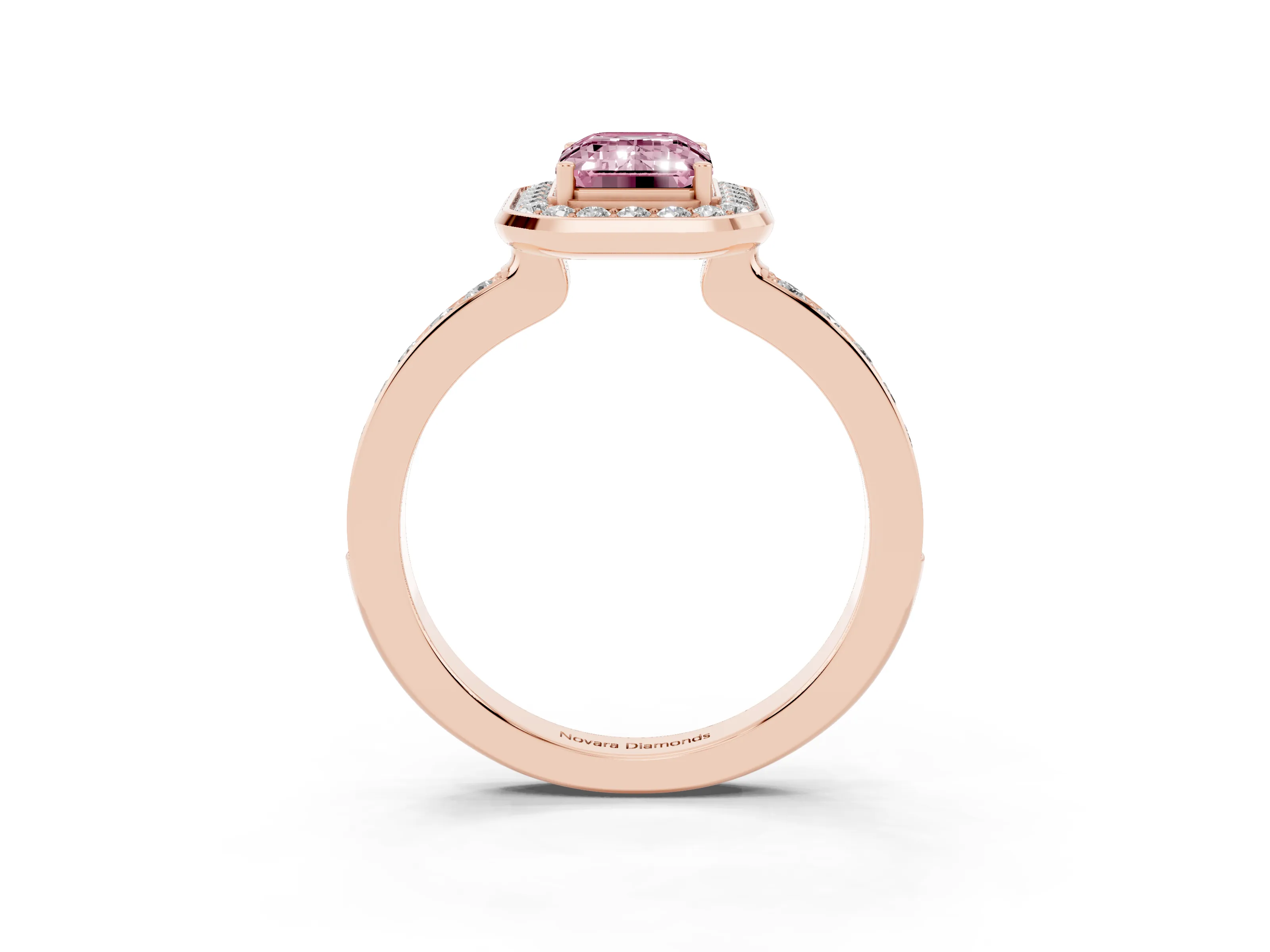 Fancy Pink Emerald Cut Diamond Halo Ring Set in Rose gold with Bezel Frame and Pavé Band