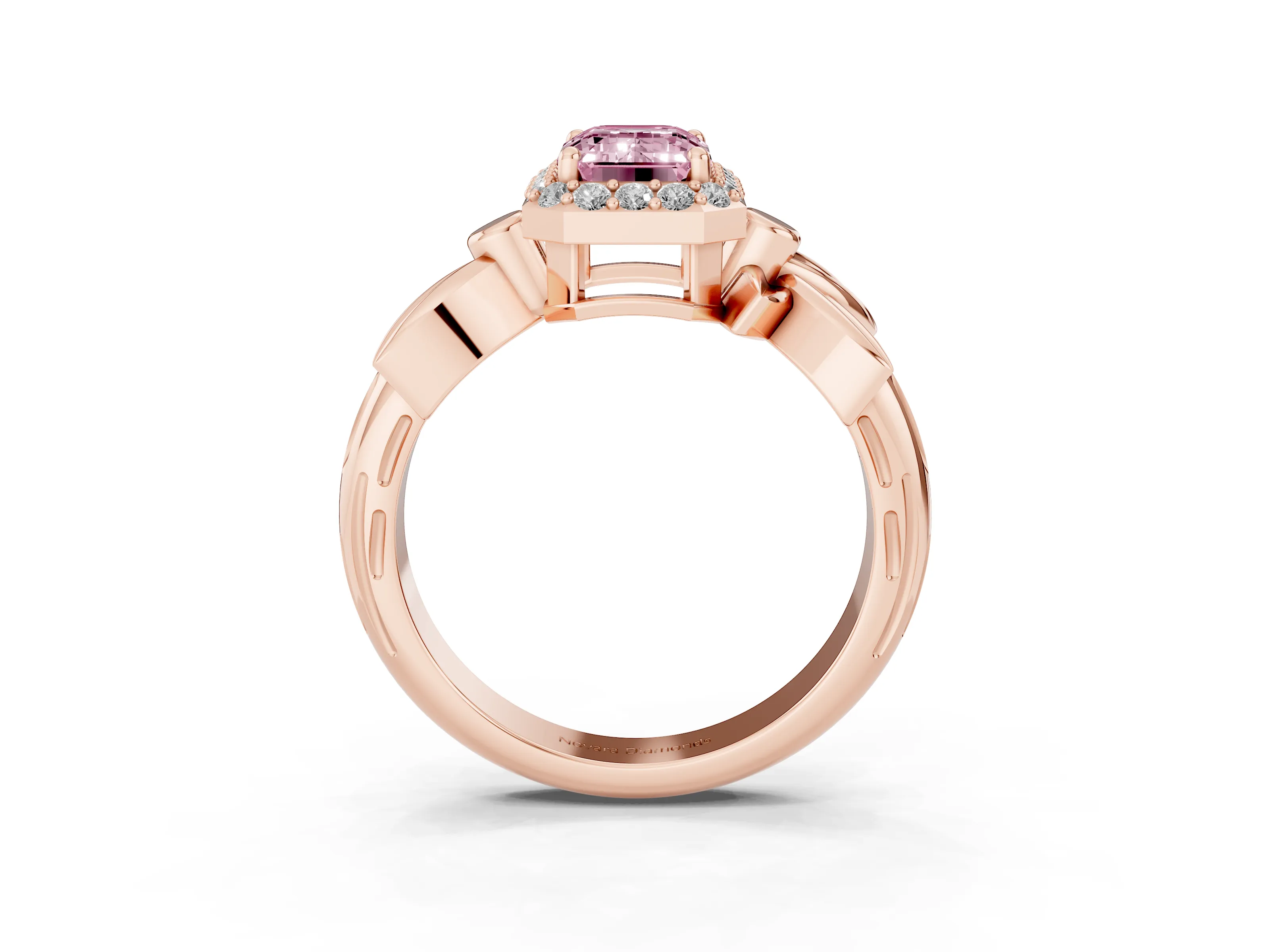 Fancy Pink Emerald Cut Diamond Halo Floral Band Ring Set in Rose gold with Prong Setting