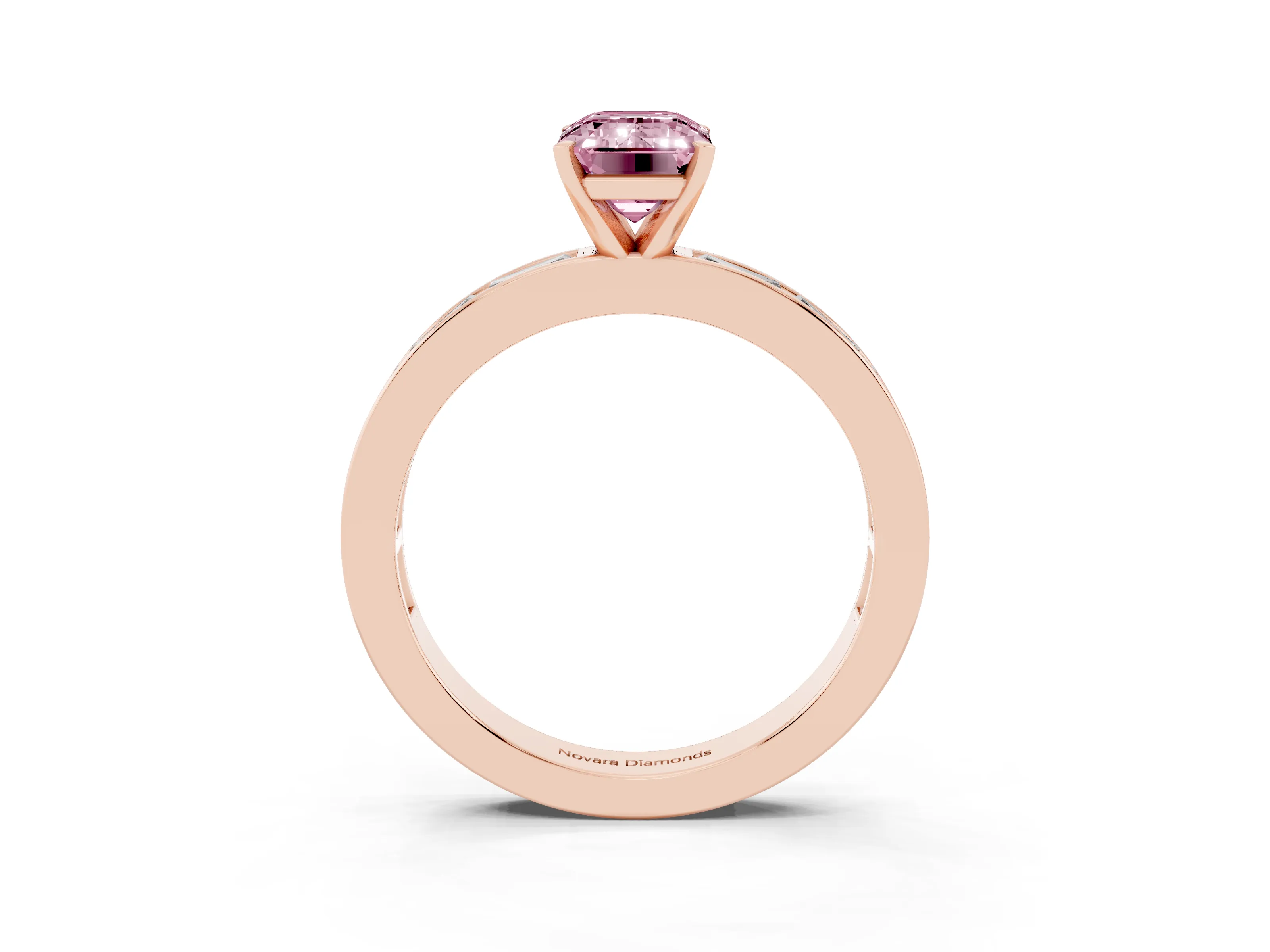 Fancy Pink Emerald Cut Diamond Solitaire Ring Set in Rose gold with Channel-Set Baguette Band and Prong Setting