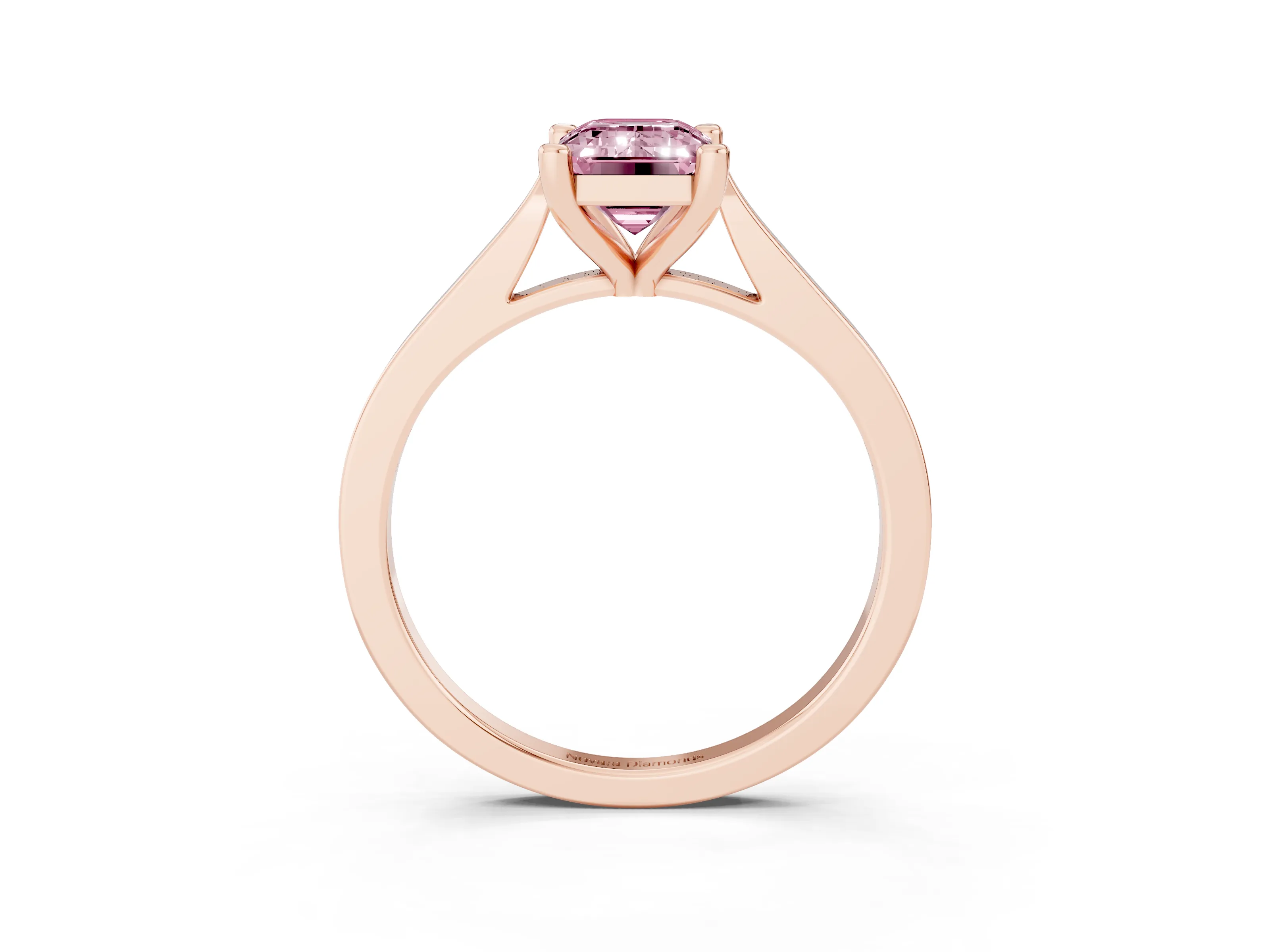 Fancy Pink Emerald Cut Diamond Solitaire Ring Set in Rose gold with Prong Setting and Tapered Band