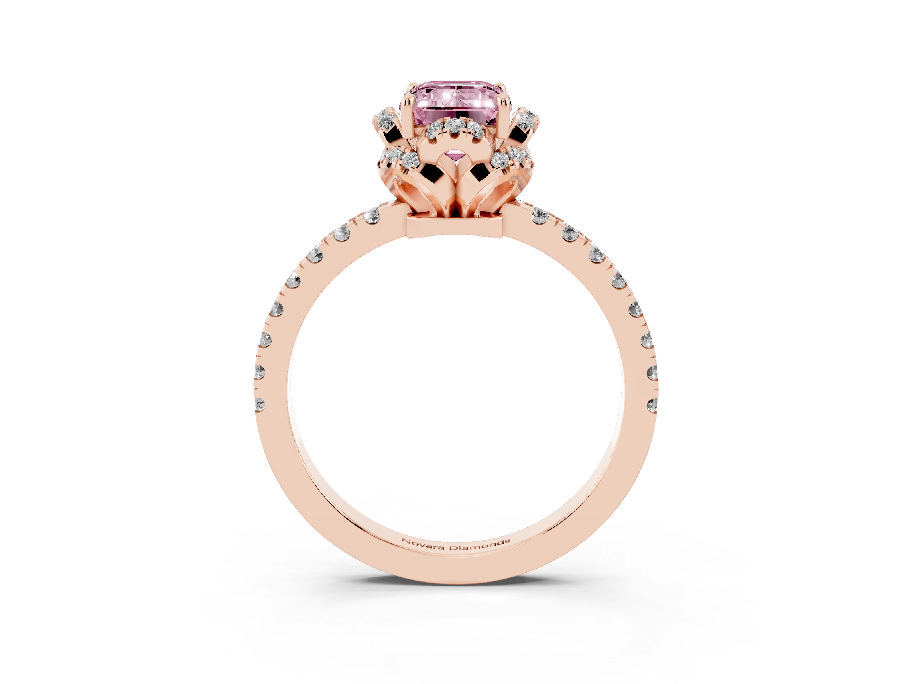 Fancy Pink Emerald Cut Diamond Halo Pavé Band Ring Set in Rose gold with Prong-Held Center