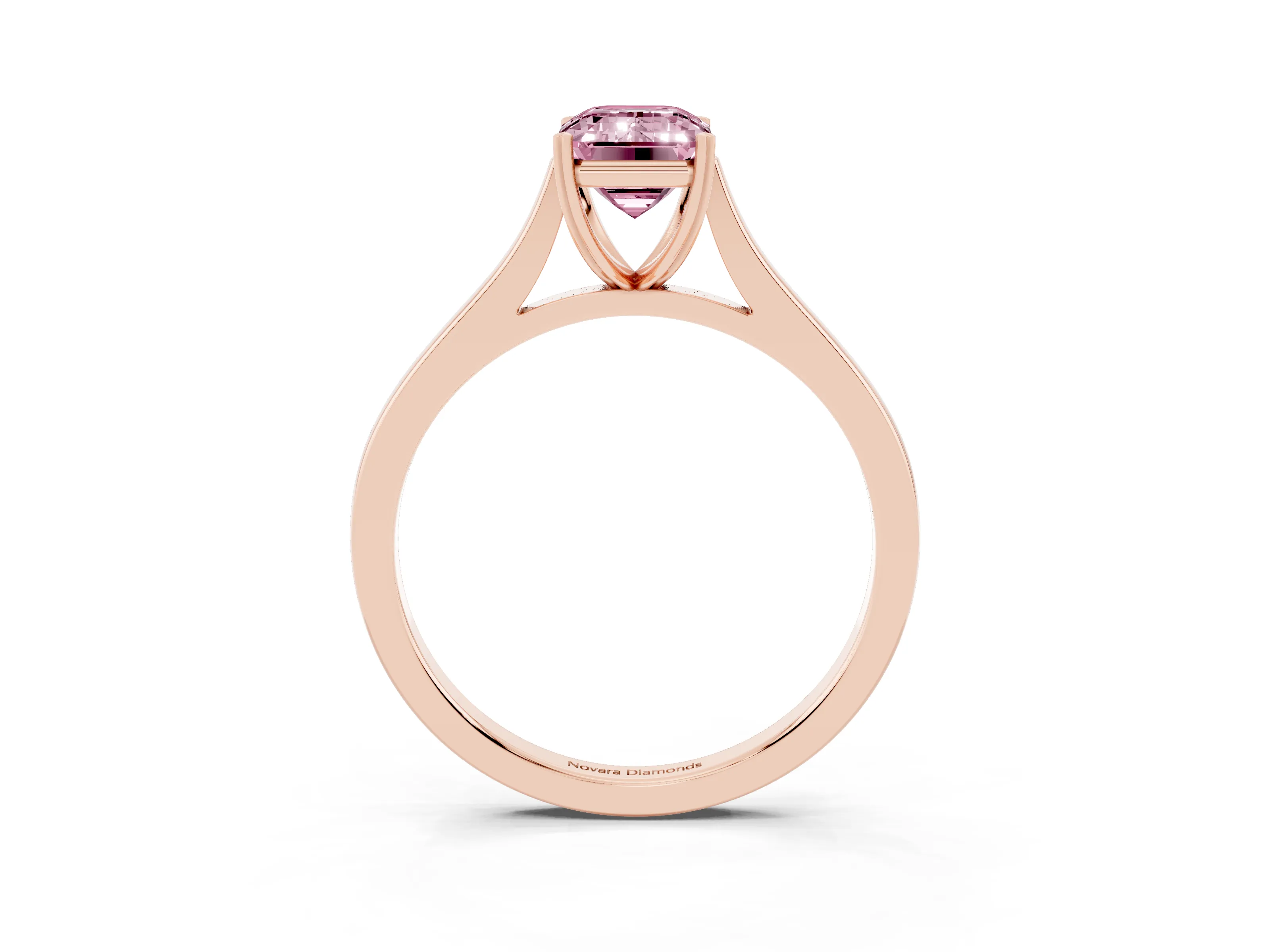Fancy Pink Emerald Cut Diamond Solitaire Heart Prong Engagement Ring Set in Rose gold with Tapered Band