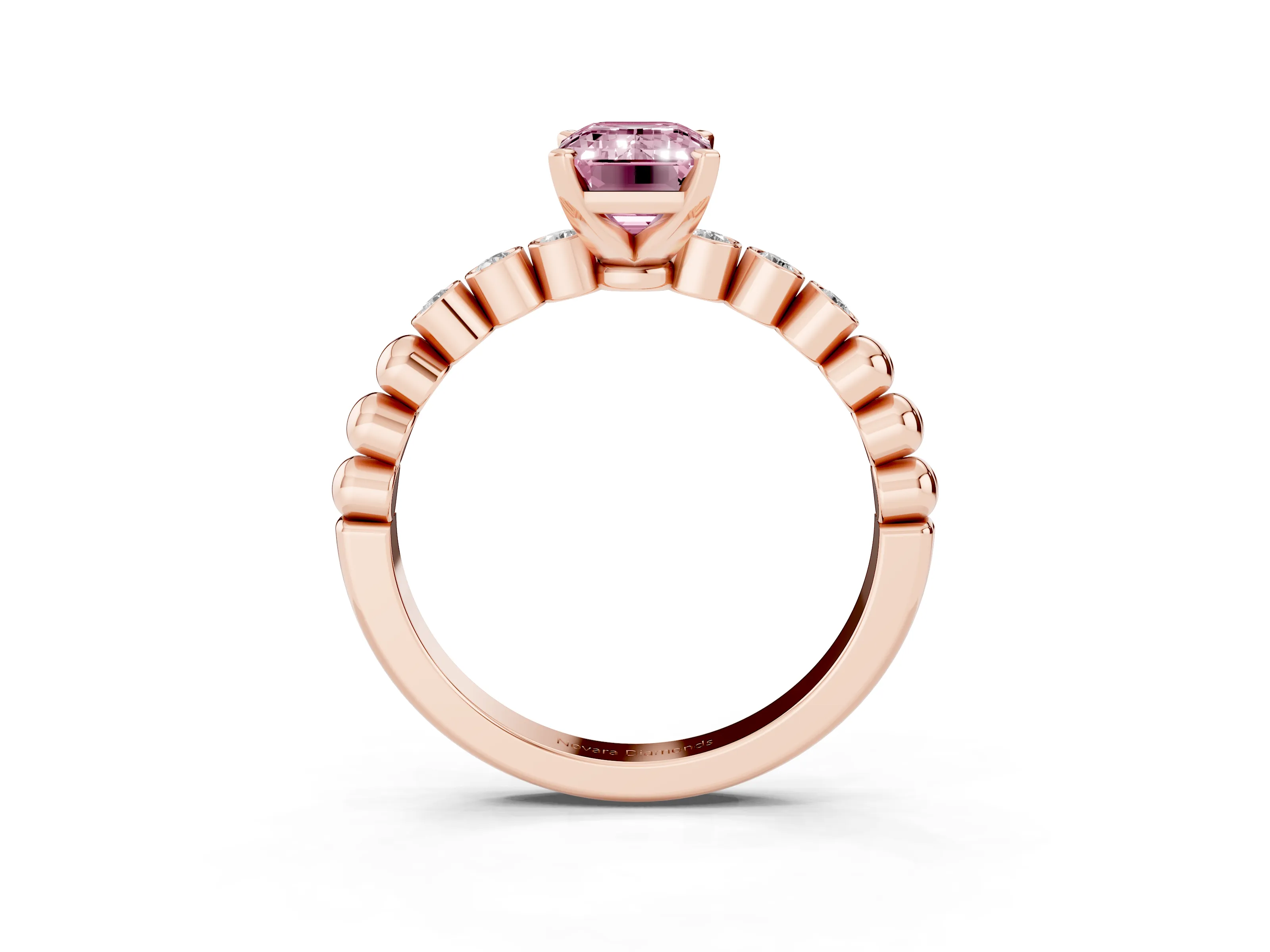 Fancy Pink Emerald Cut Diamond Solitaire Engagement Ring Set in Rose gold with Bezel Accents on Beaded Band