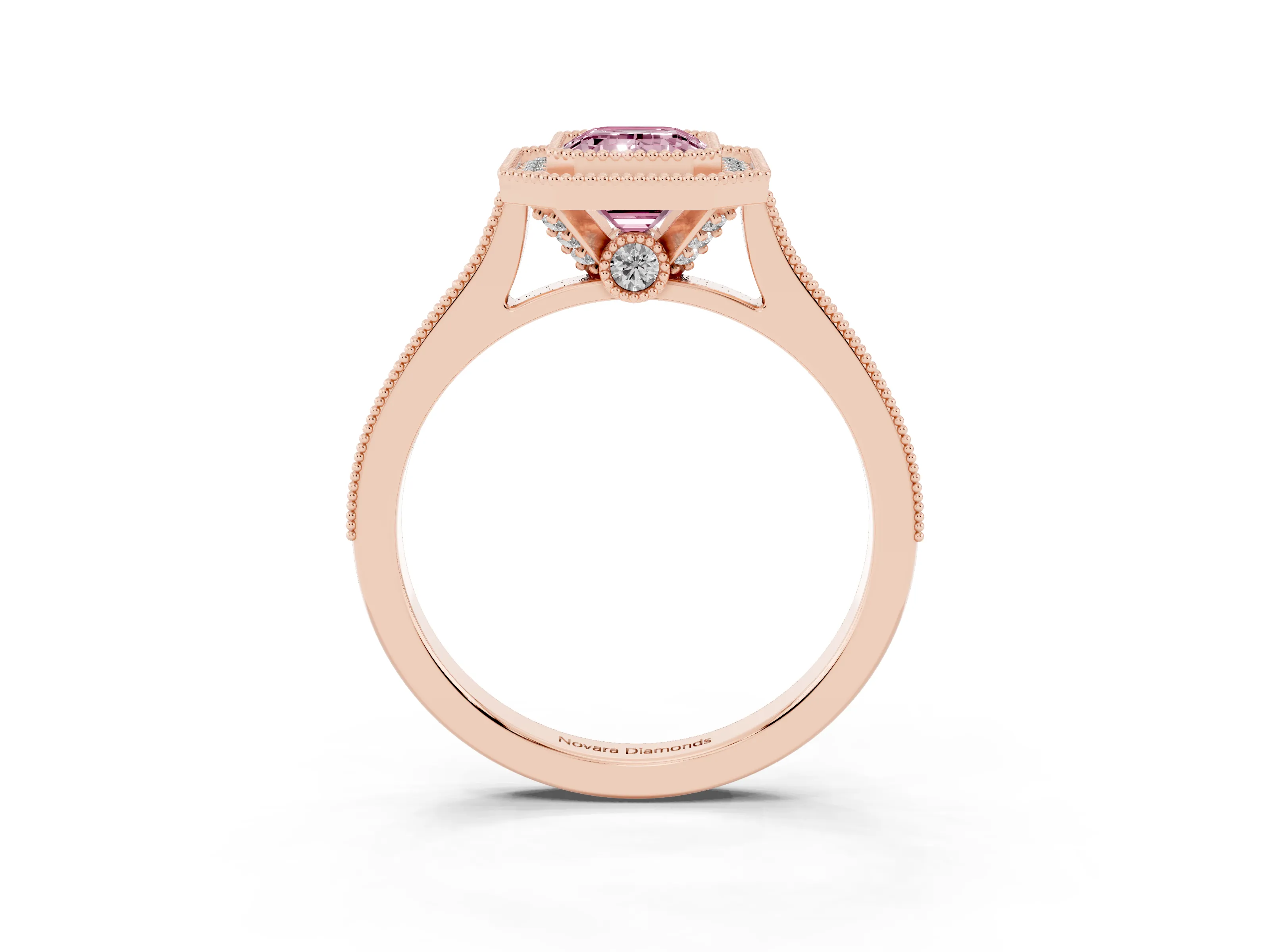 Fancy Pink Emerald Cut Diamond Halo Milgrain Pavé Band Ring Set in Rose gold with Prong Setting