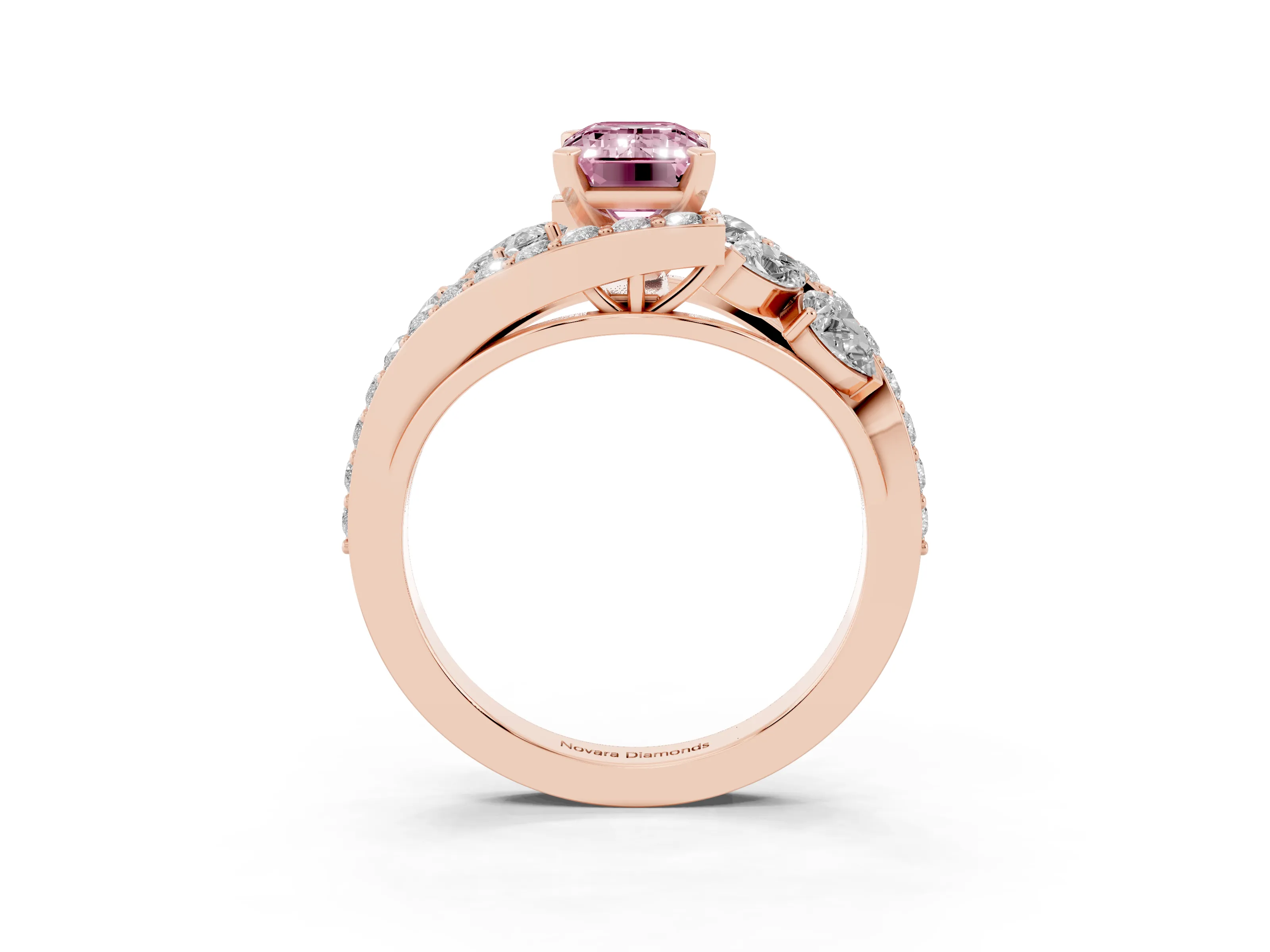 Fancy Pink Emerald Cut Diamond Halo Ring Set in Rose gold with Marquise and Pavé Band in Prong Setting