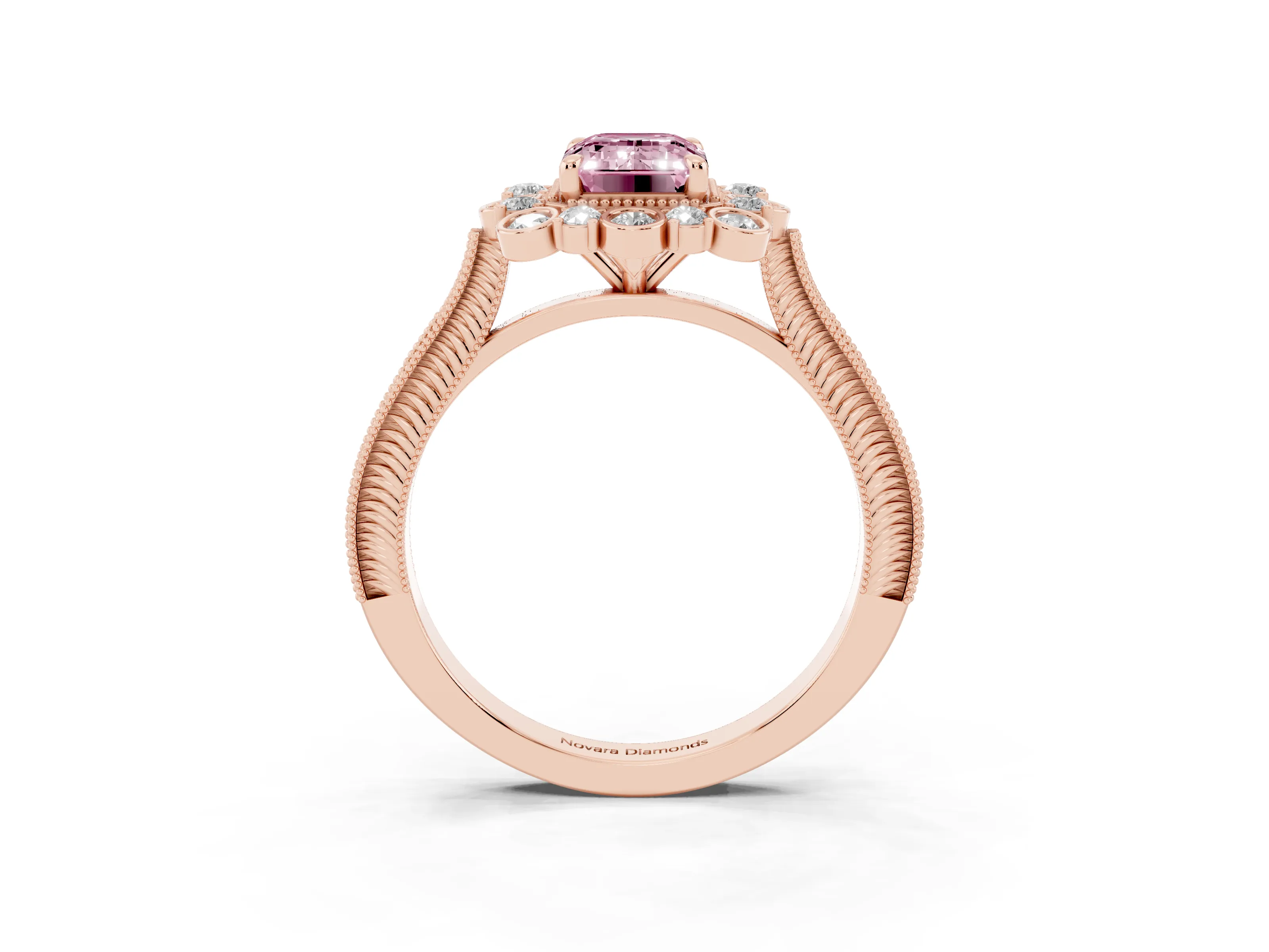 Fancy Pink Emerald Cut Diamond Halo Milgrain Pavé Ring Set in Rose gold with Prong Setting