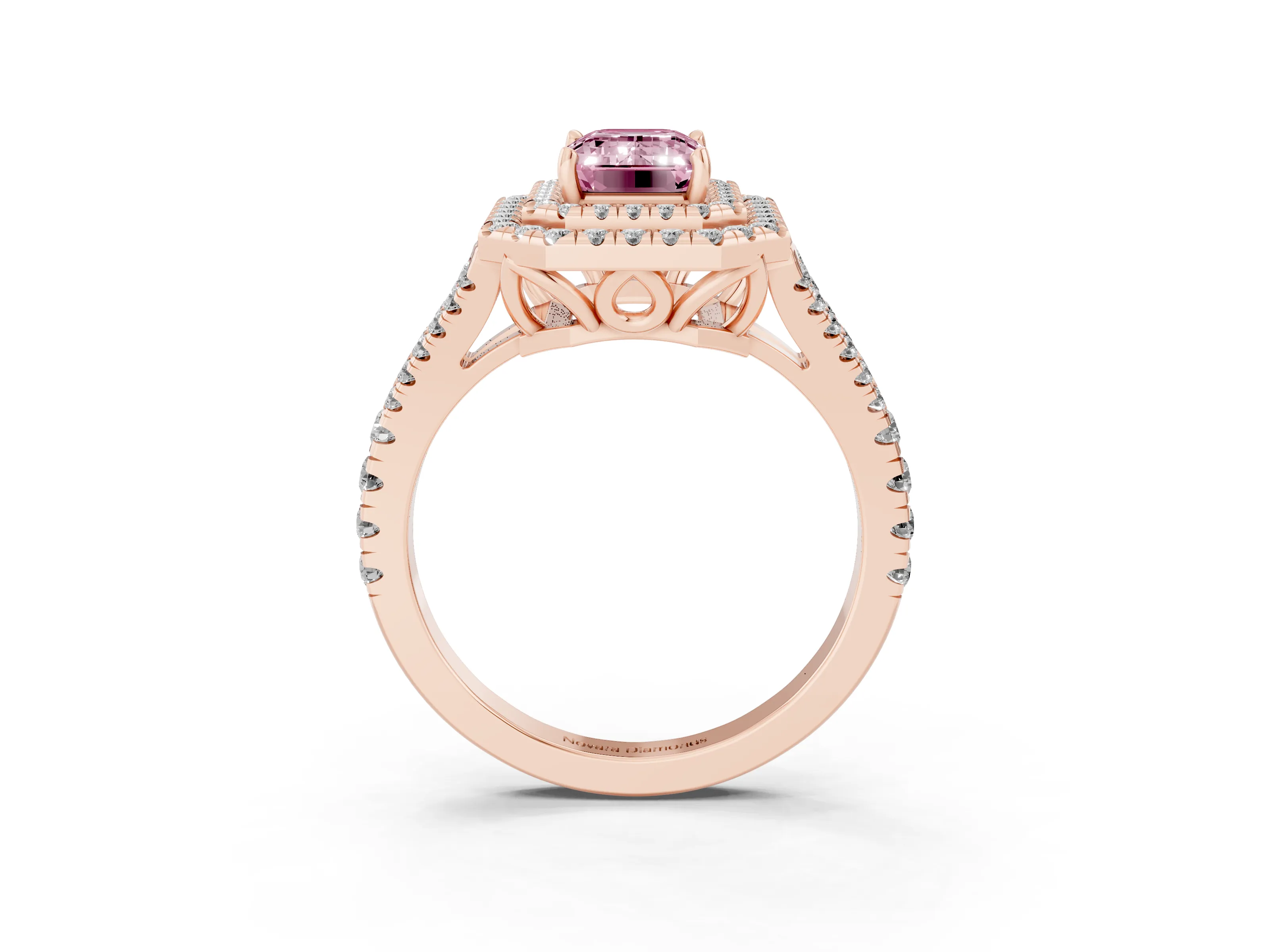 Fancy Pink Emerald Cut Diamond Double Halo Ring Set in Rose gold with Pavé Band