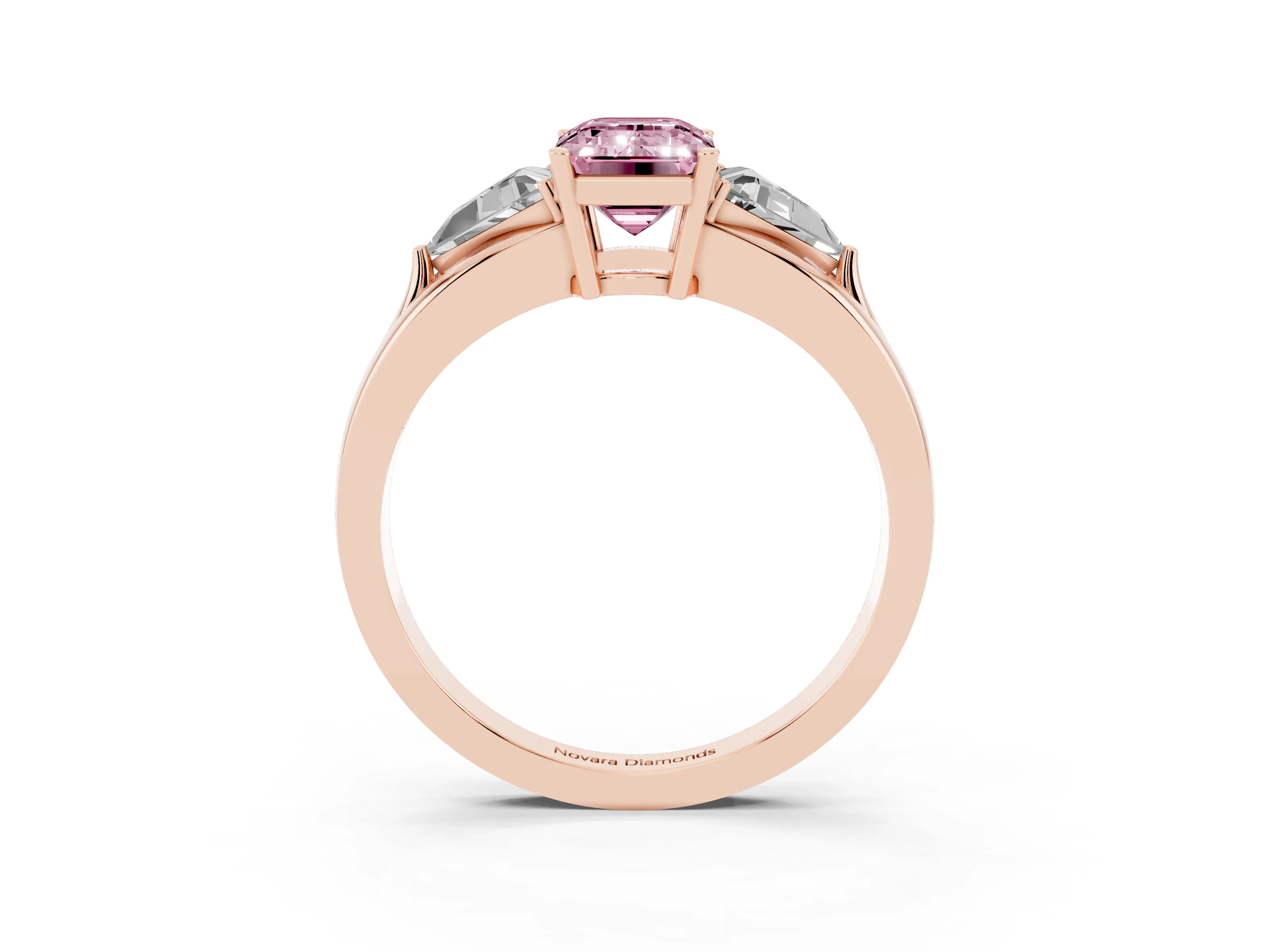 Fancy Pink Emerald Cut Diamond Three-Stone Ring Set in Rose gold with Trillion Side Stones and Split Shank