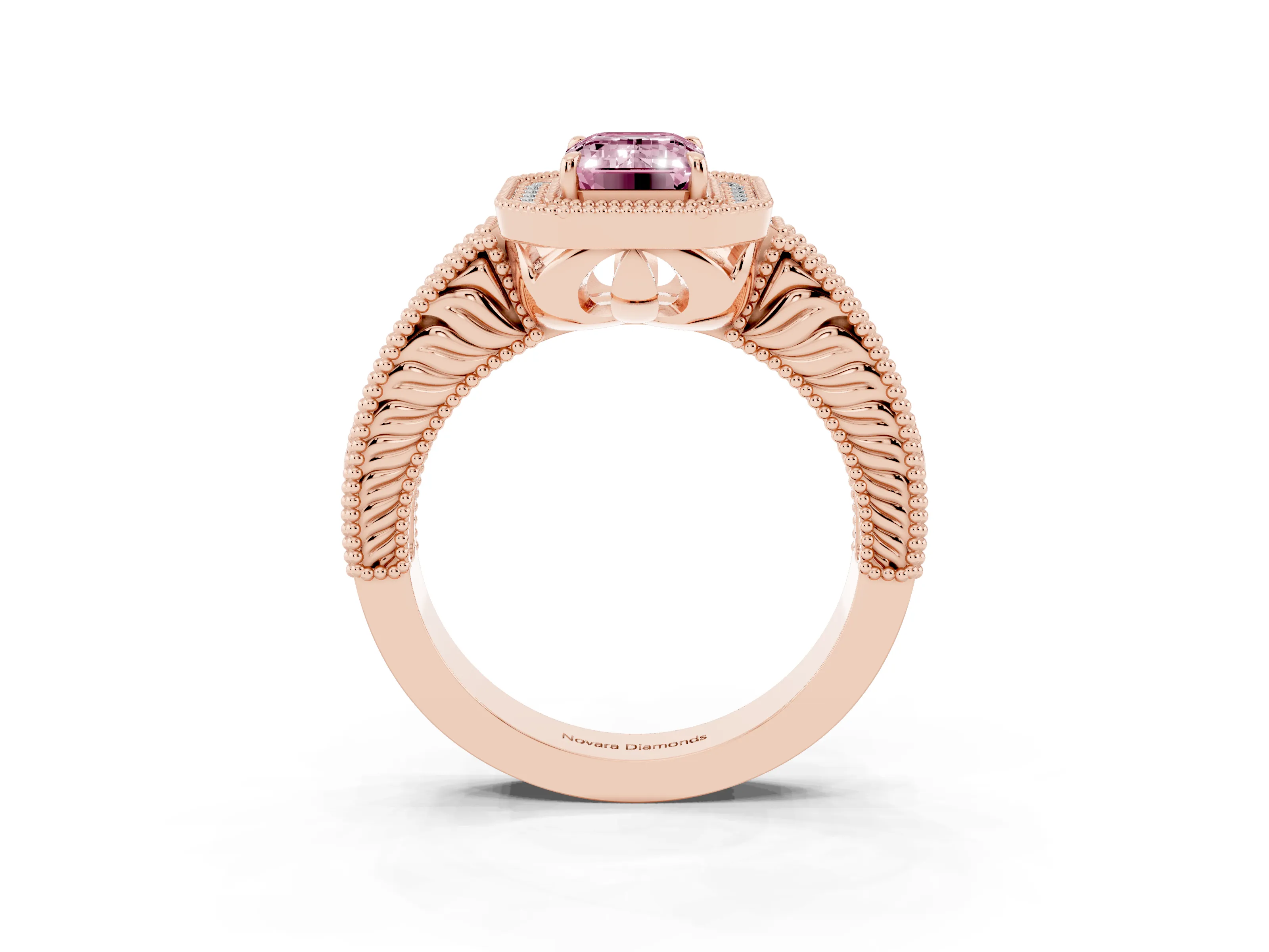 Fancy Pink Emerald Cut Diamond Halo Ring Set in Rose gold with Round Accent Halo, Pavé Band and Prong Setting