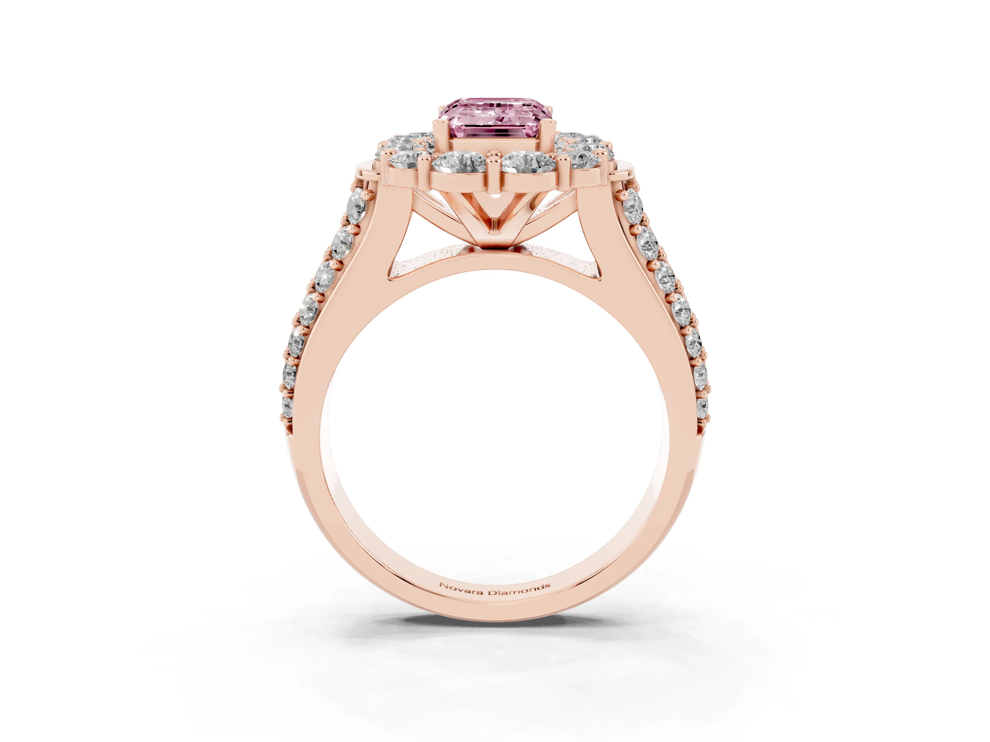 Fancy Pink Emerald Cut Diamond Halo Engagement Ring Set in Rose gold with Split Shank and Prong Setting
