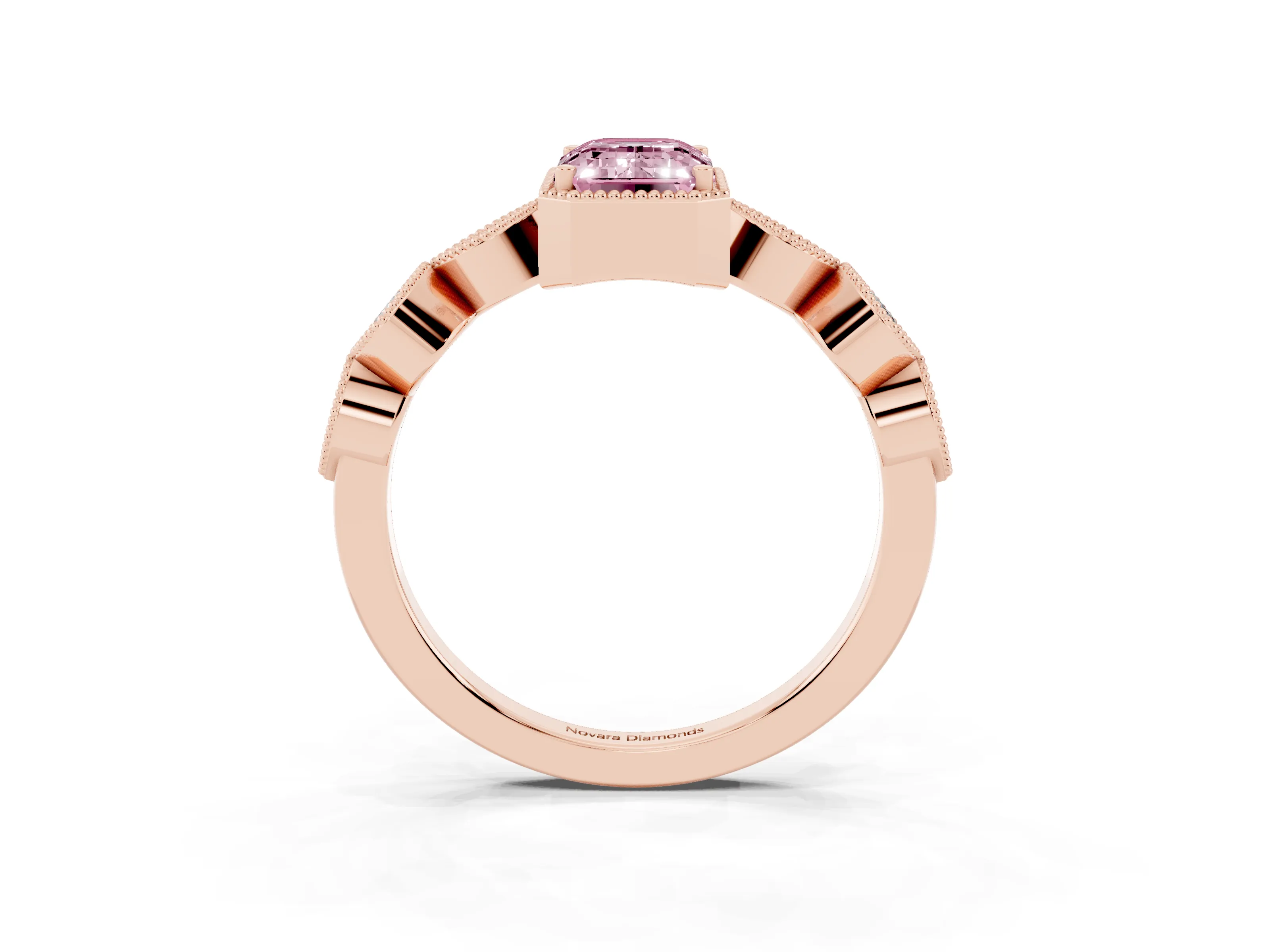 Fancy Pink Emerald Cut Diamond Vintage-Inspired Milgrain Ring Set in Rose gold with Marquise Stations of Round Accents