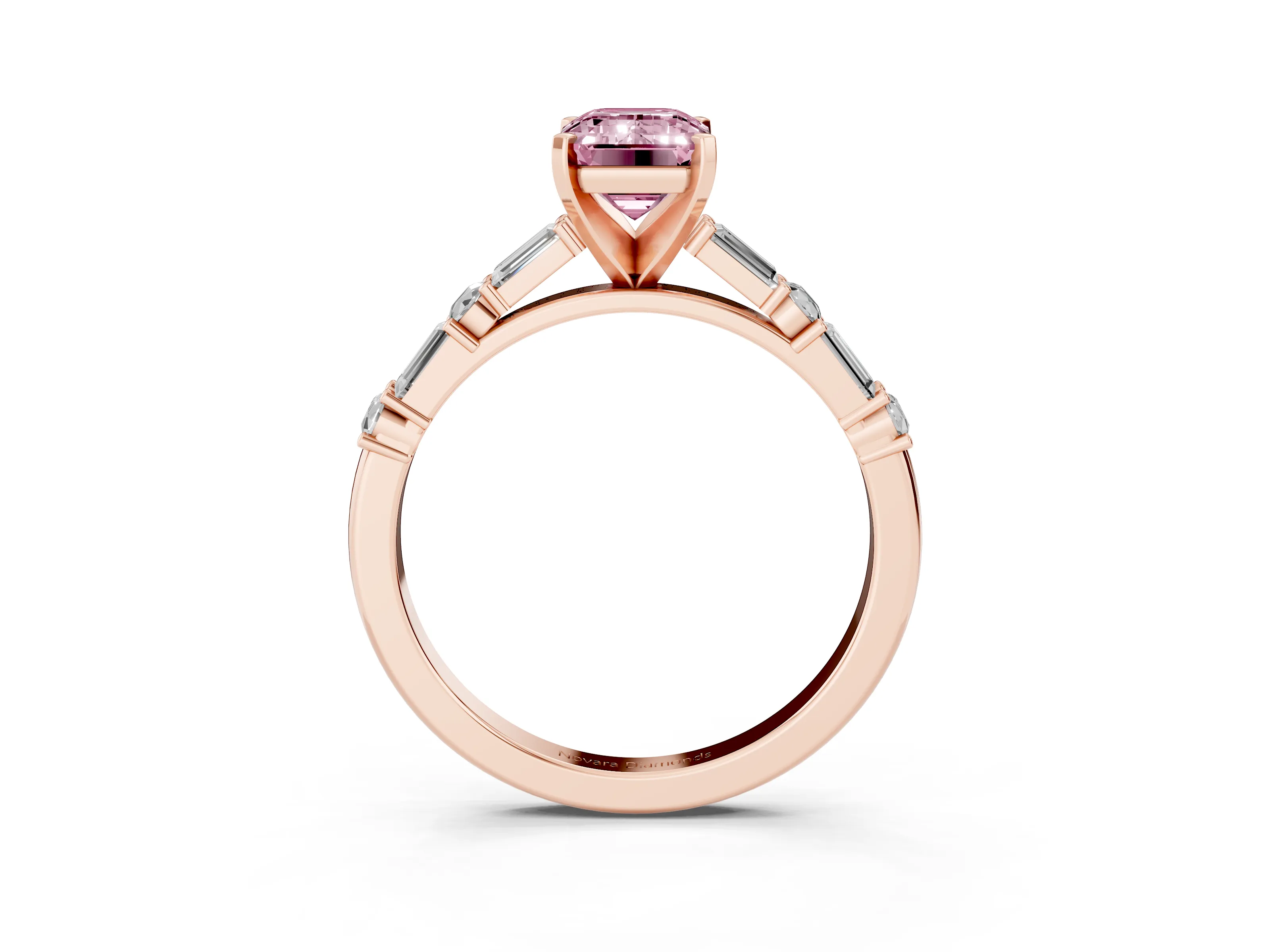 Fancy Pink Emerald Cut Diamond Solitaire Set in Rose gold with Side Baguettes and Channel Set Band