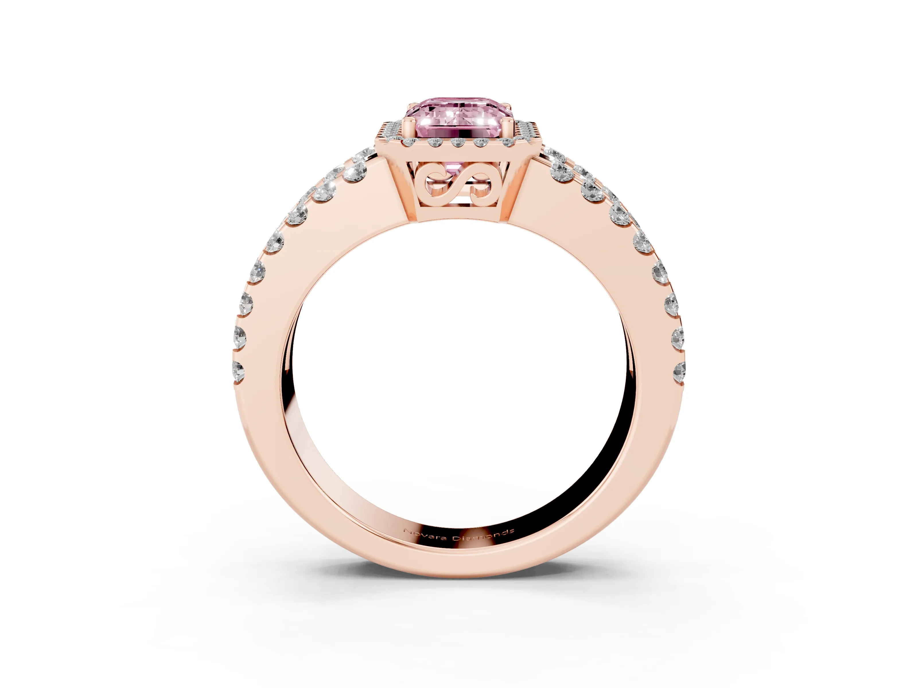 Fancy Pink Emerald Cut Diamond Halo Ring Set in Rose gold with Pavé Split Shank and Prong Setting