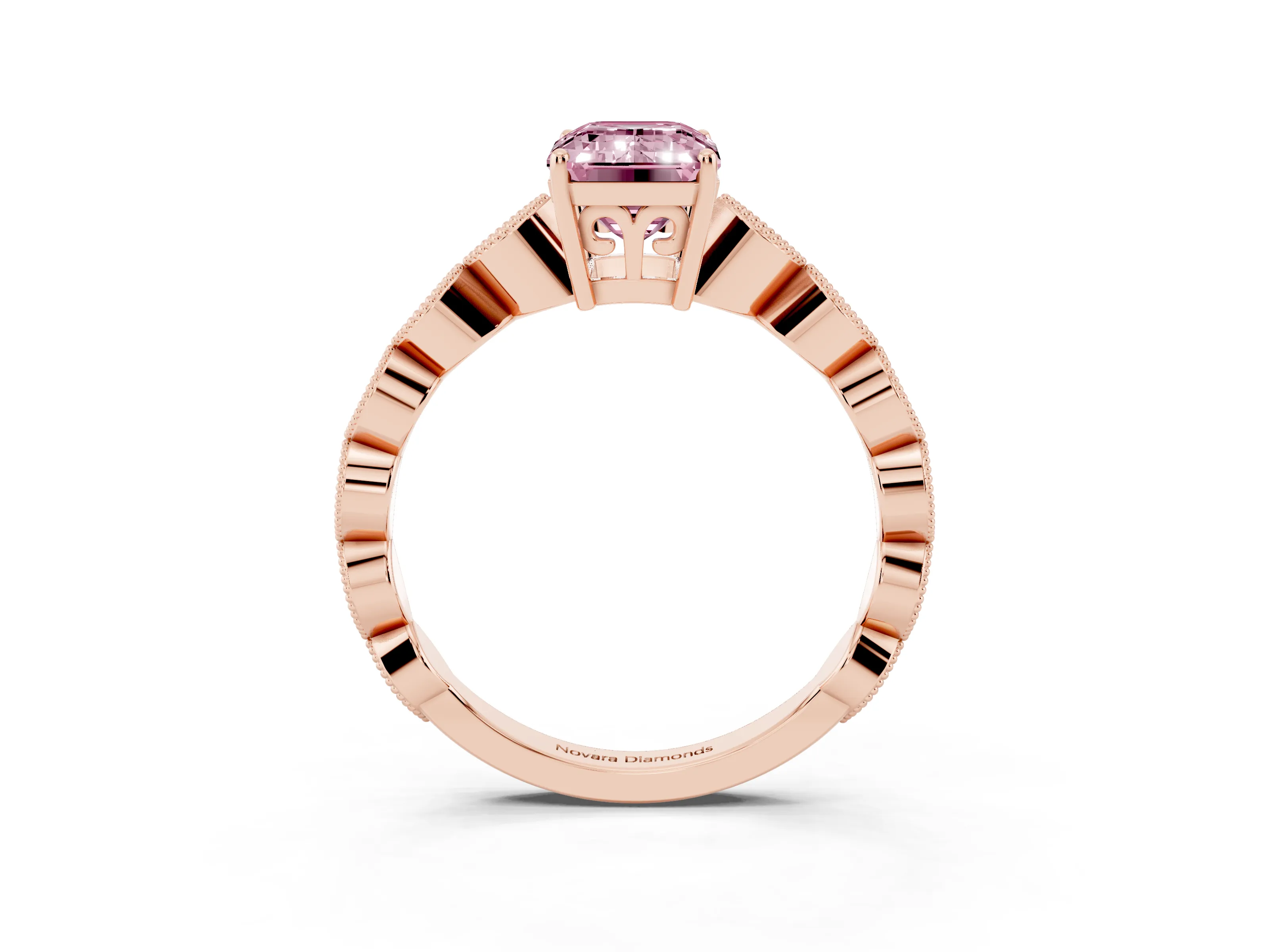 Fancy Pink Emerald Cut Diamond Solitaire Ring Set in Rose gold with Infinity Twist Pavé Band