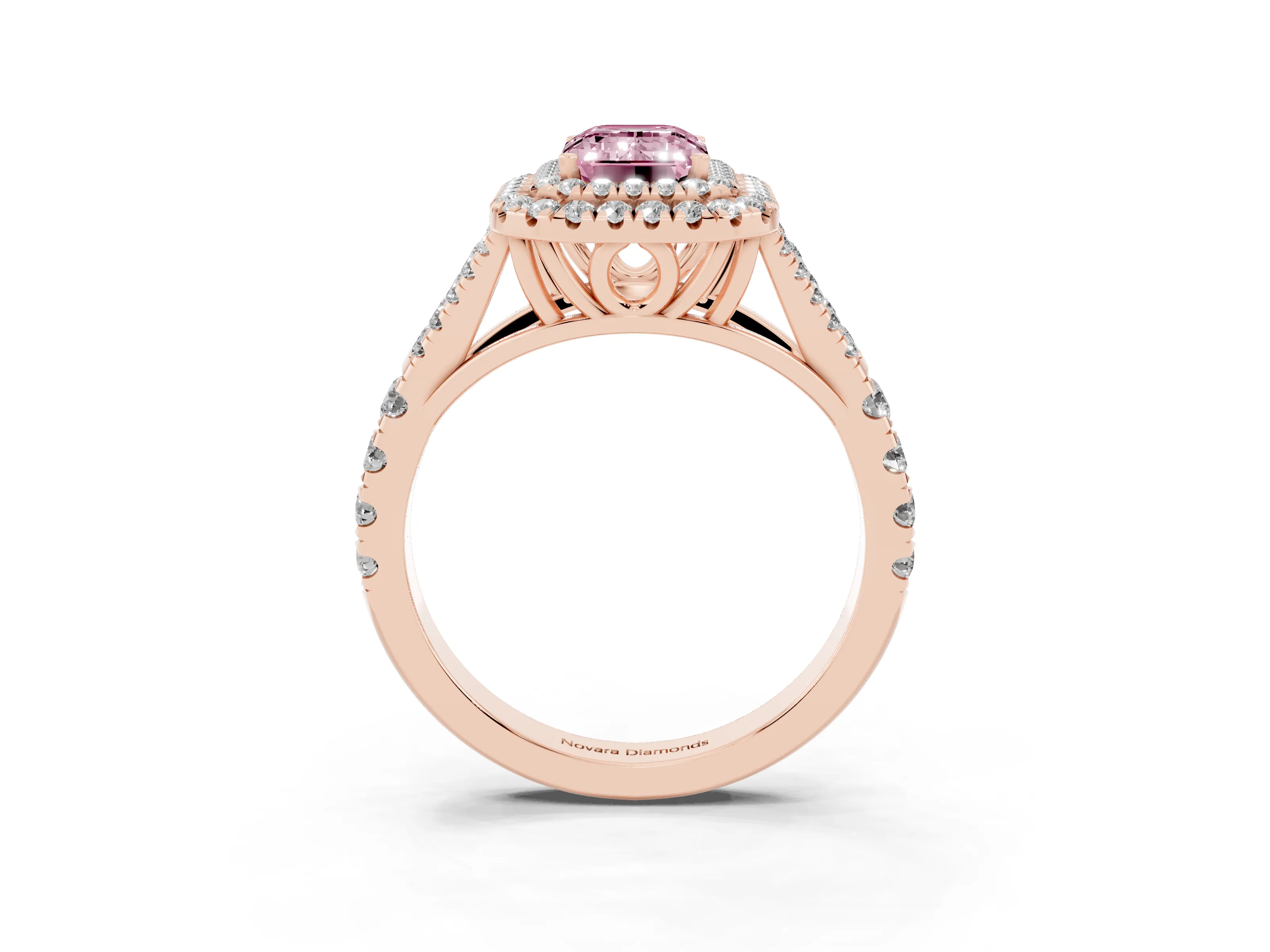 Fancy Pink Emerald Cut Diamond Pavé Split Shank Double Halo Engagement Ring Set in Rose gold