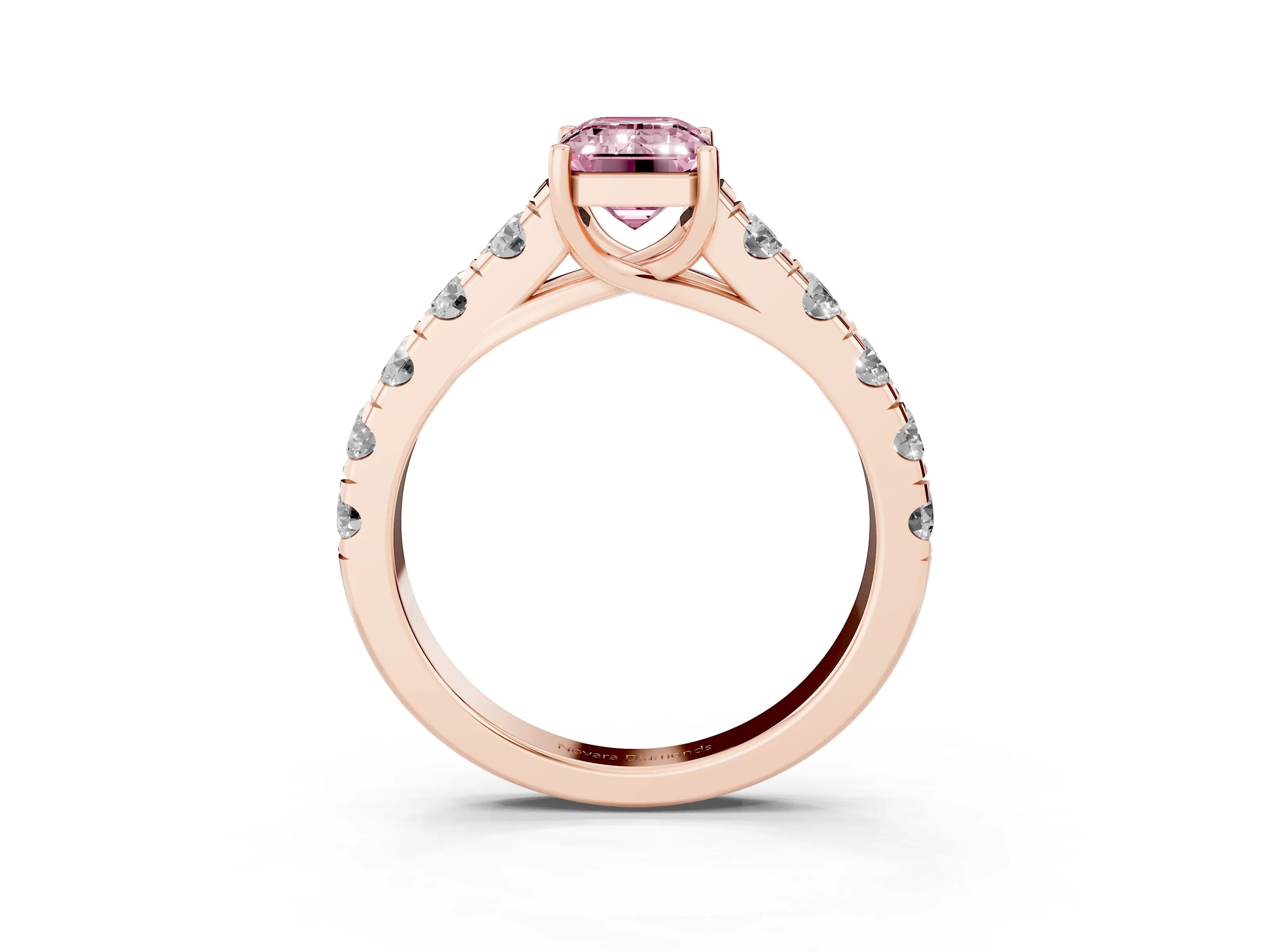 Fancy Pink Emerald Cut Diamond Solitaire Ring Set in Rose gold with Cut-Down Micro Pavé Band and Prong Setting