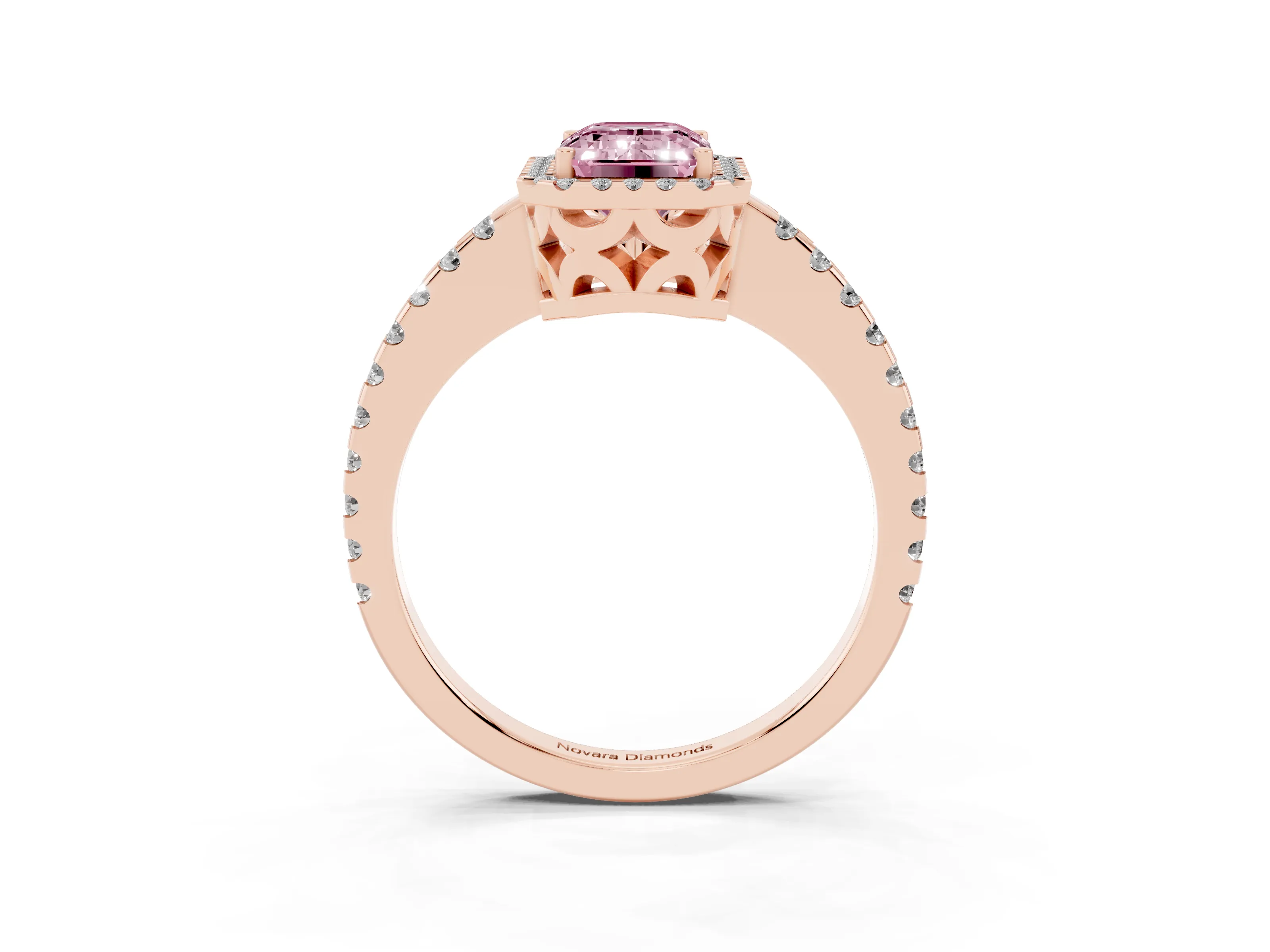 Fancy Pink Emerald Cut Diamond Halo Ring Set in Rose gold with Pavé Shoulders and Halo-Framed Center