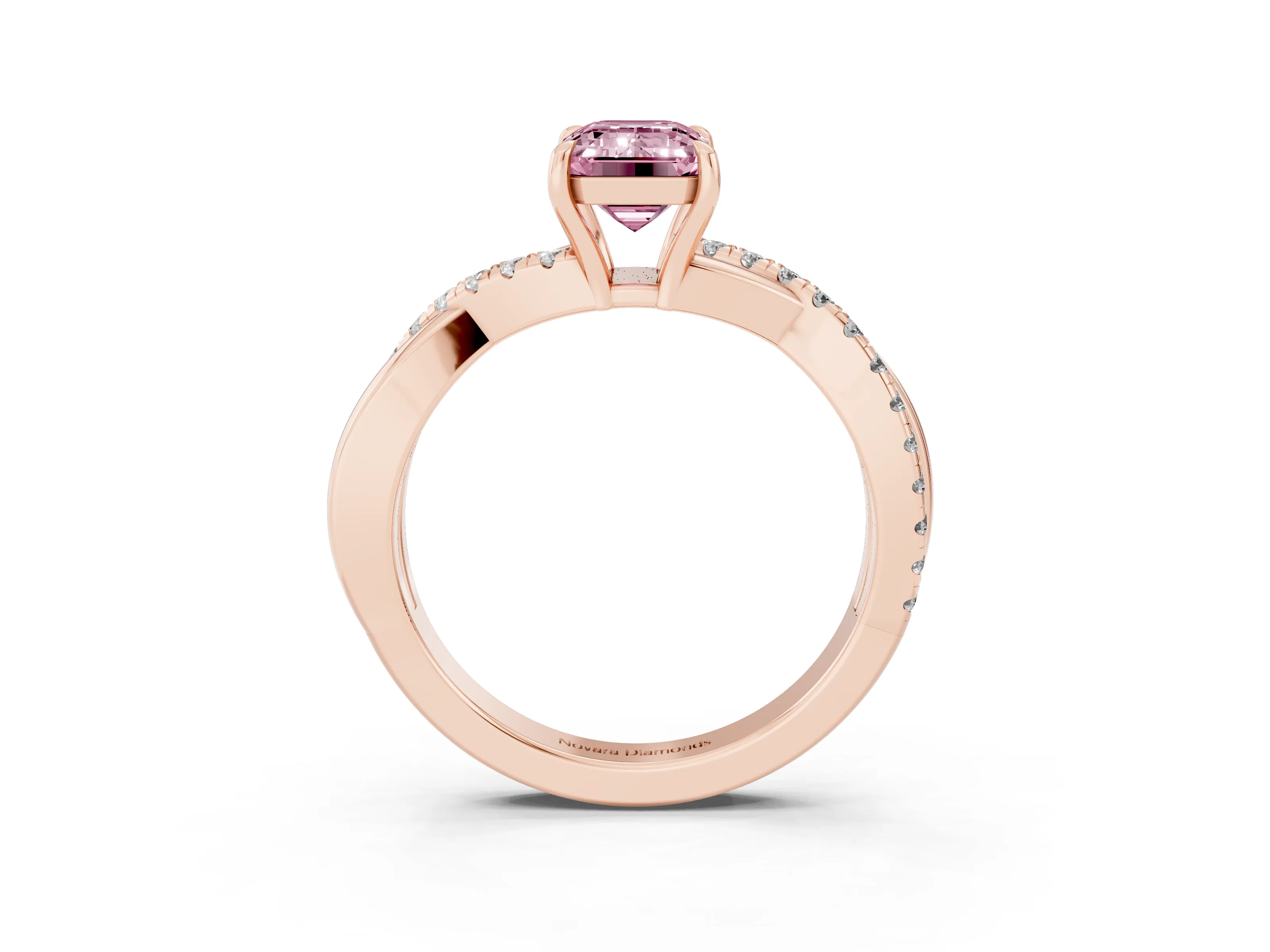 Fancy Pink Emerald Cut Diamond Twisted Pavé Band Ring Set in Rose gold with Prong Setting