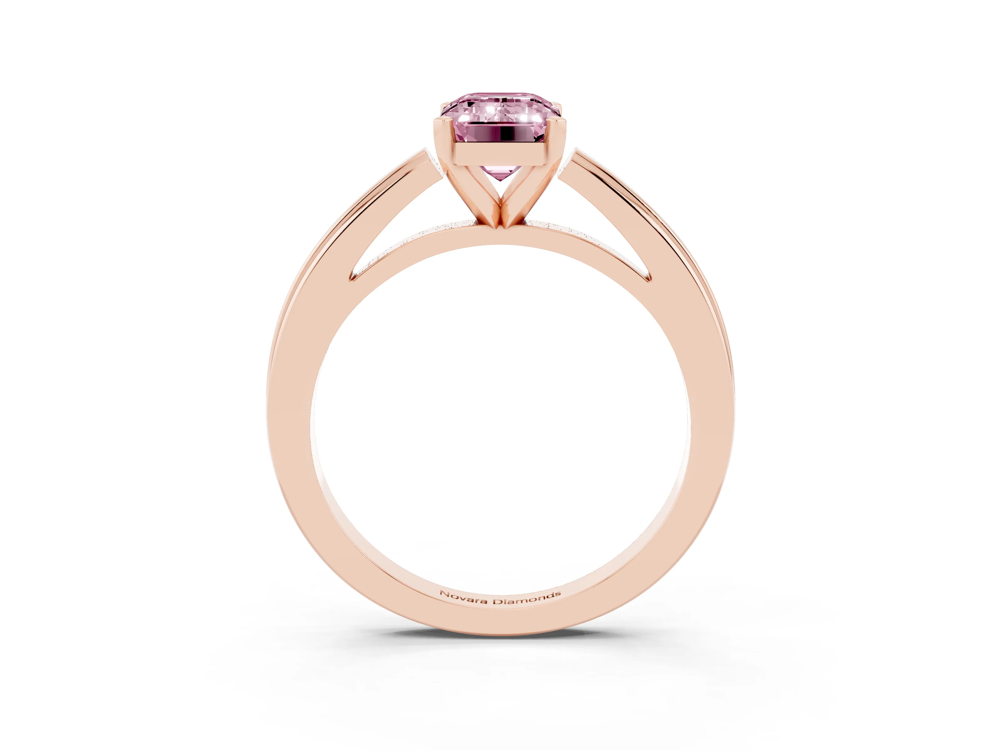 Fancy Pink Emerald Cut Diamond Solitaire Ring Set in Rose gold with Prong Setting and Classic Band