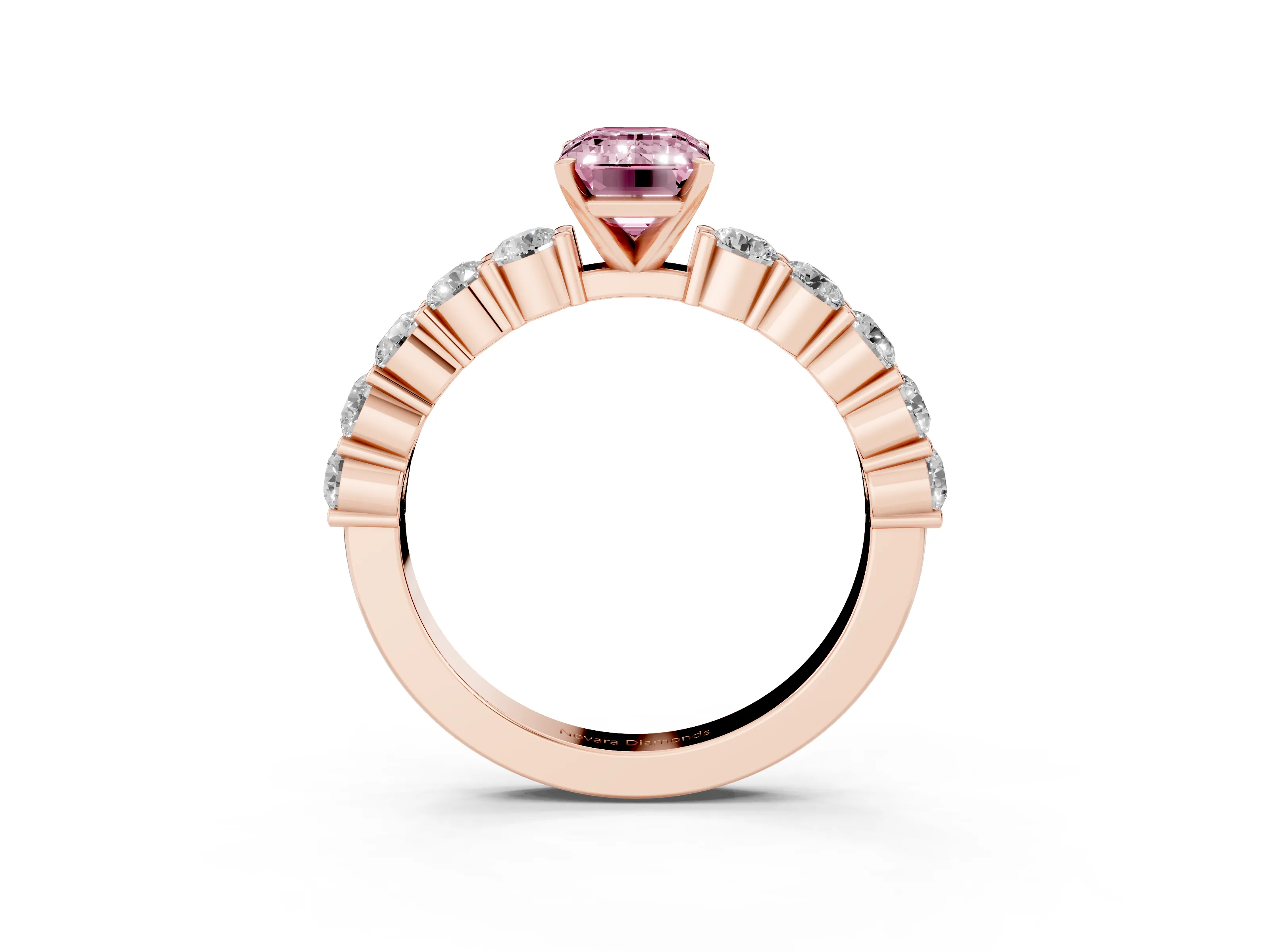 Fancy Pink Emerald Cut Diamond Solitaire Ring Set in Rose gold with Shared Prong Round Side Stones