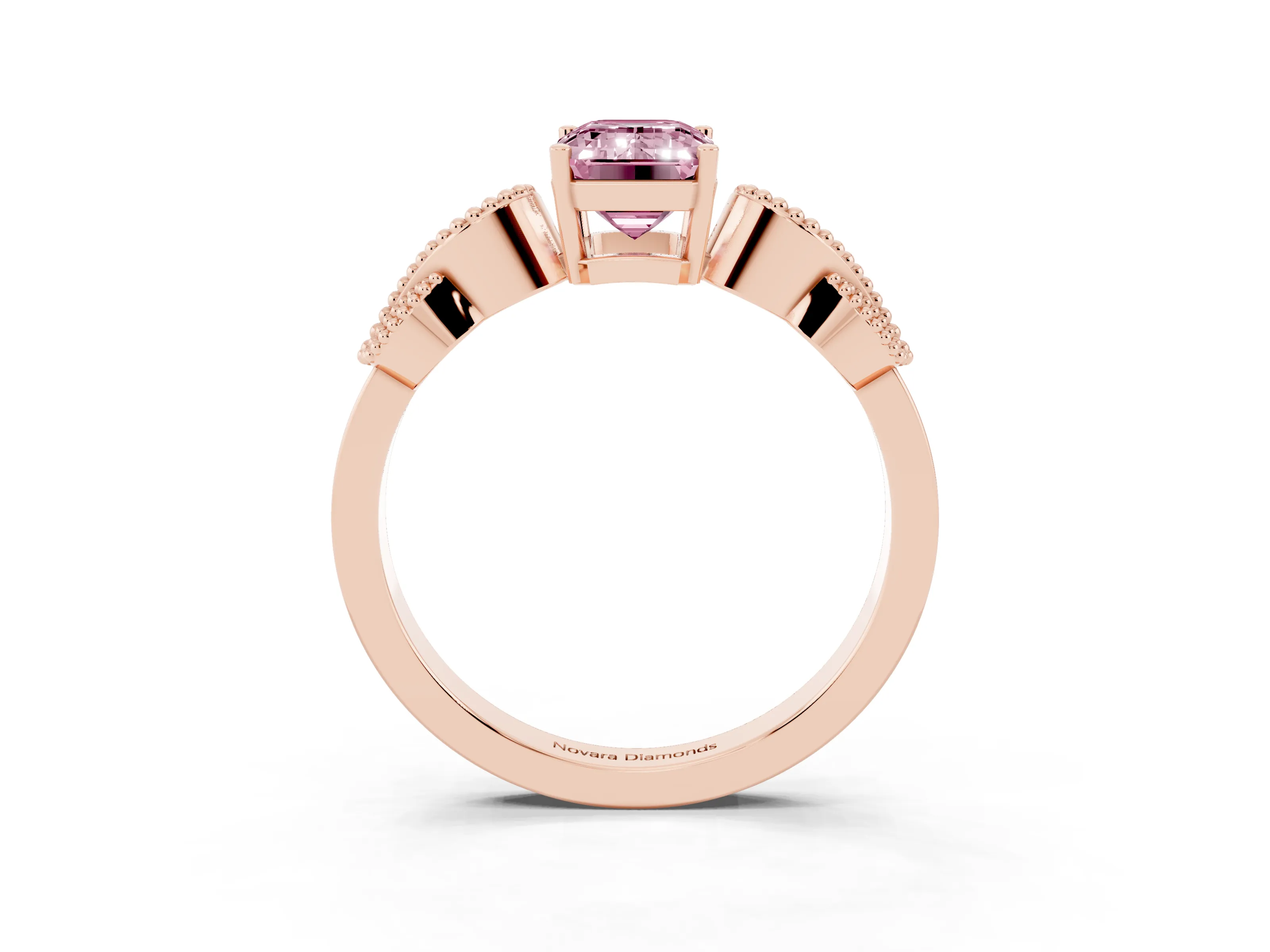 Fancy Pink Emerald Cut Diamond Milgrain Leaf Band Solitaire Ring Set in Rose gold with Accent Stones and Prong Setting