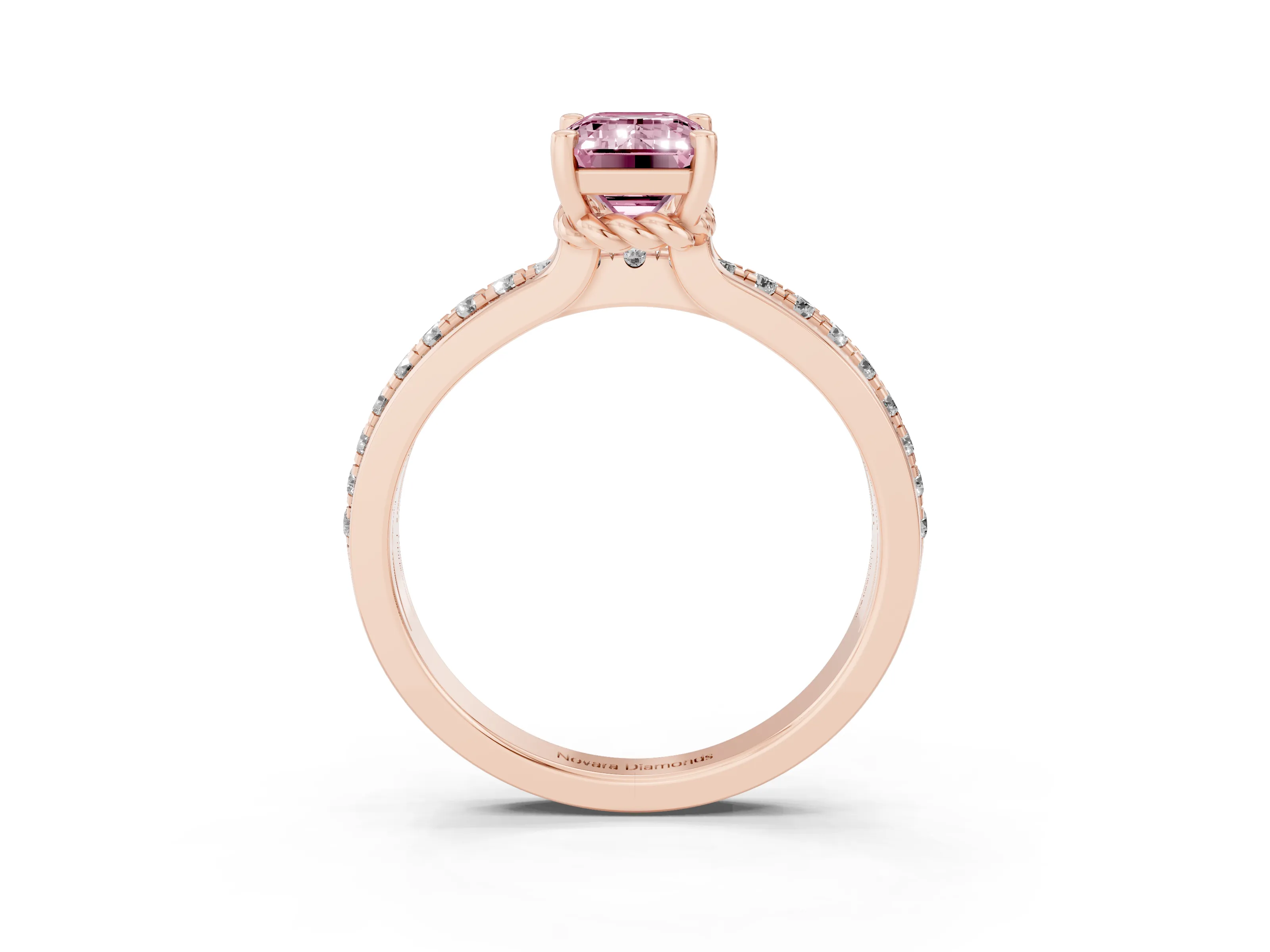 Fancy Pink Emerald Cut Diamond Solitaire Ring Set in Rose gold with Channel Set Band and Prong Setting