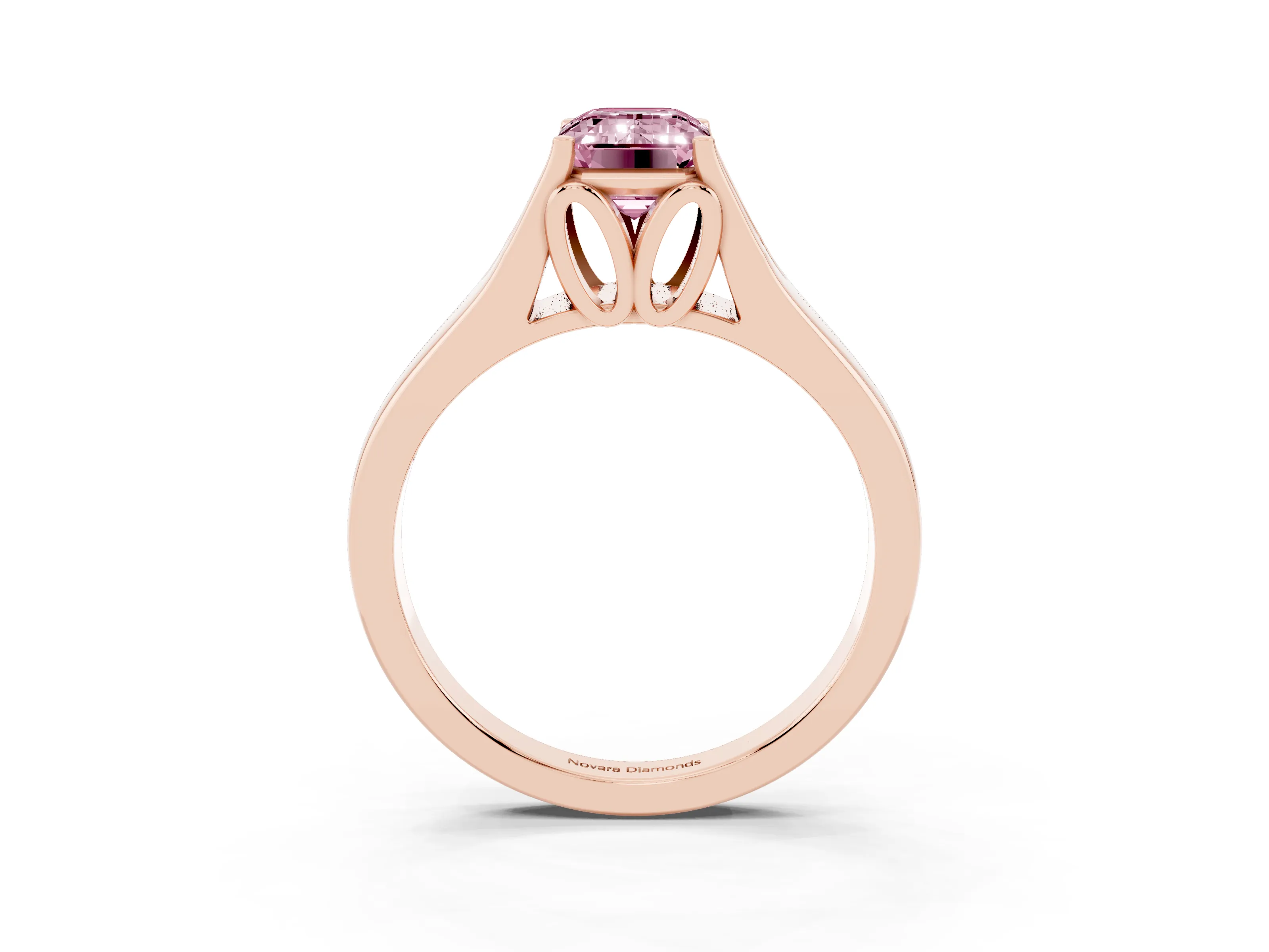 Fancy Pink Emerald Cut Diamond Solitaire Ring Set in Rose gold with Arched Cathedral Band and Prong Setting