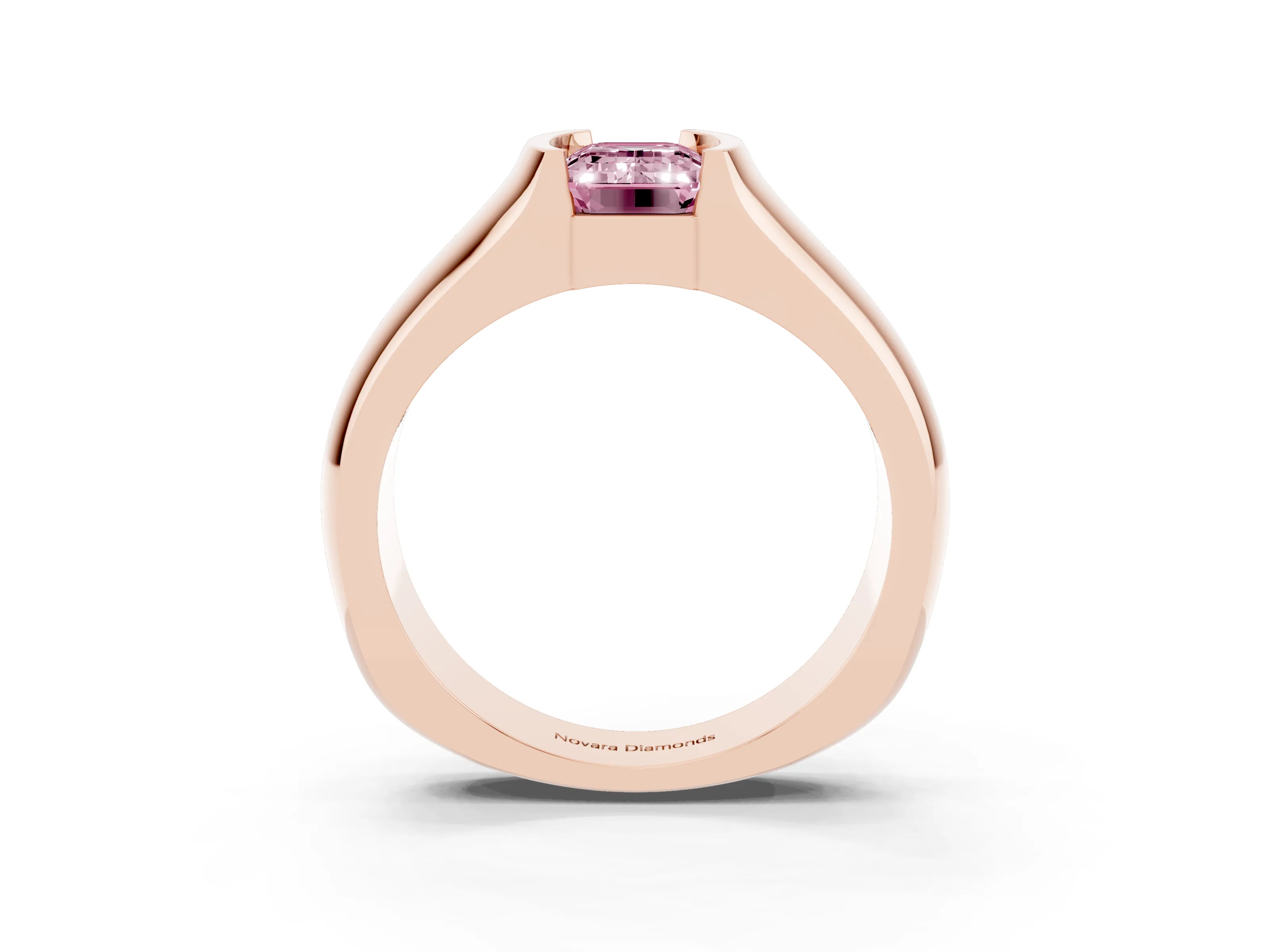 Fancy Pink Emerald Cut Diamond Bezel Solitaire Ring Set in Rose gold with Wide Band