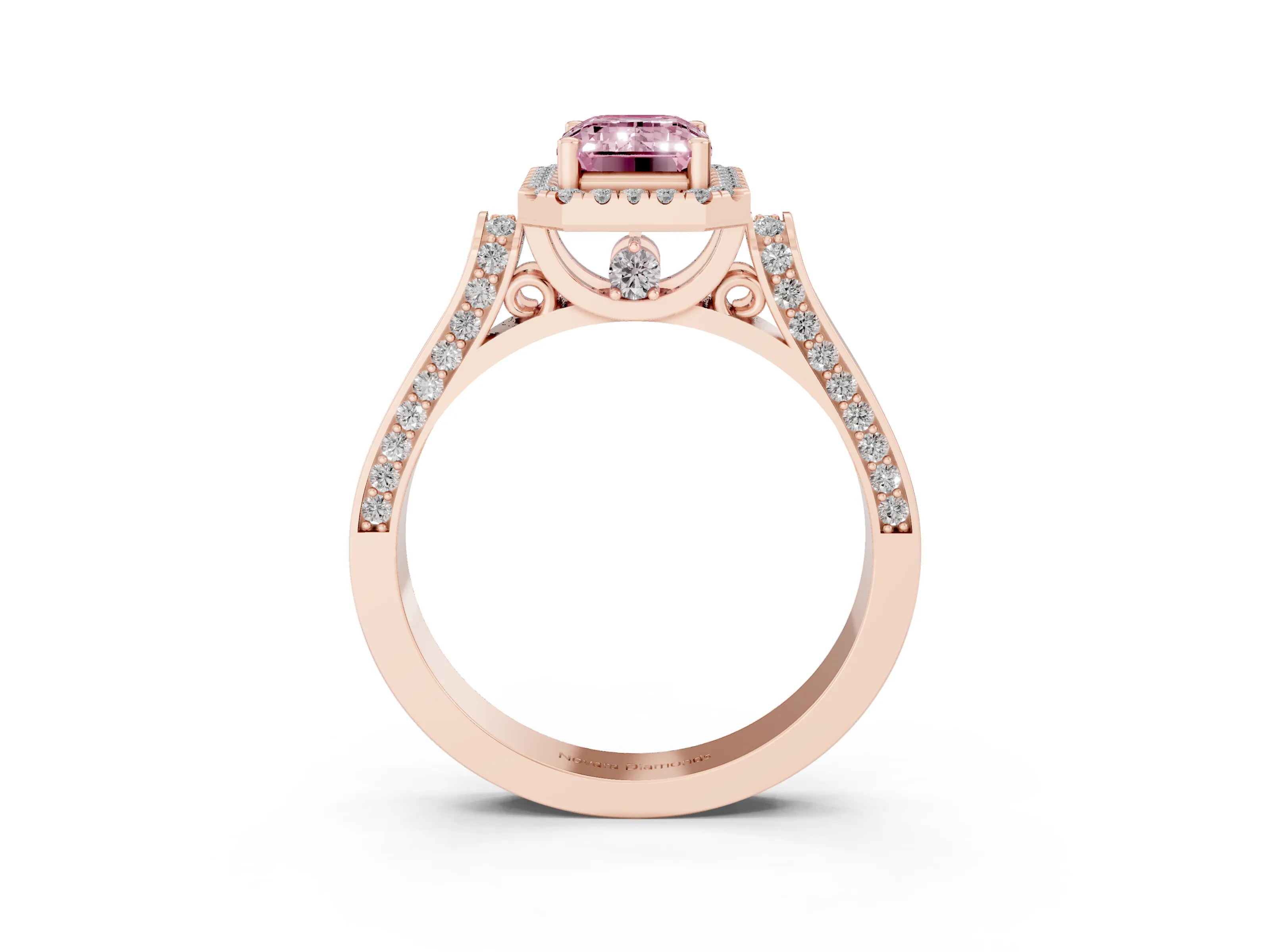 Fancy Pink Emerald Cut Diamond Halo Ring Set in Rose gold with Pavé-Lined Split Shank Band