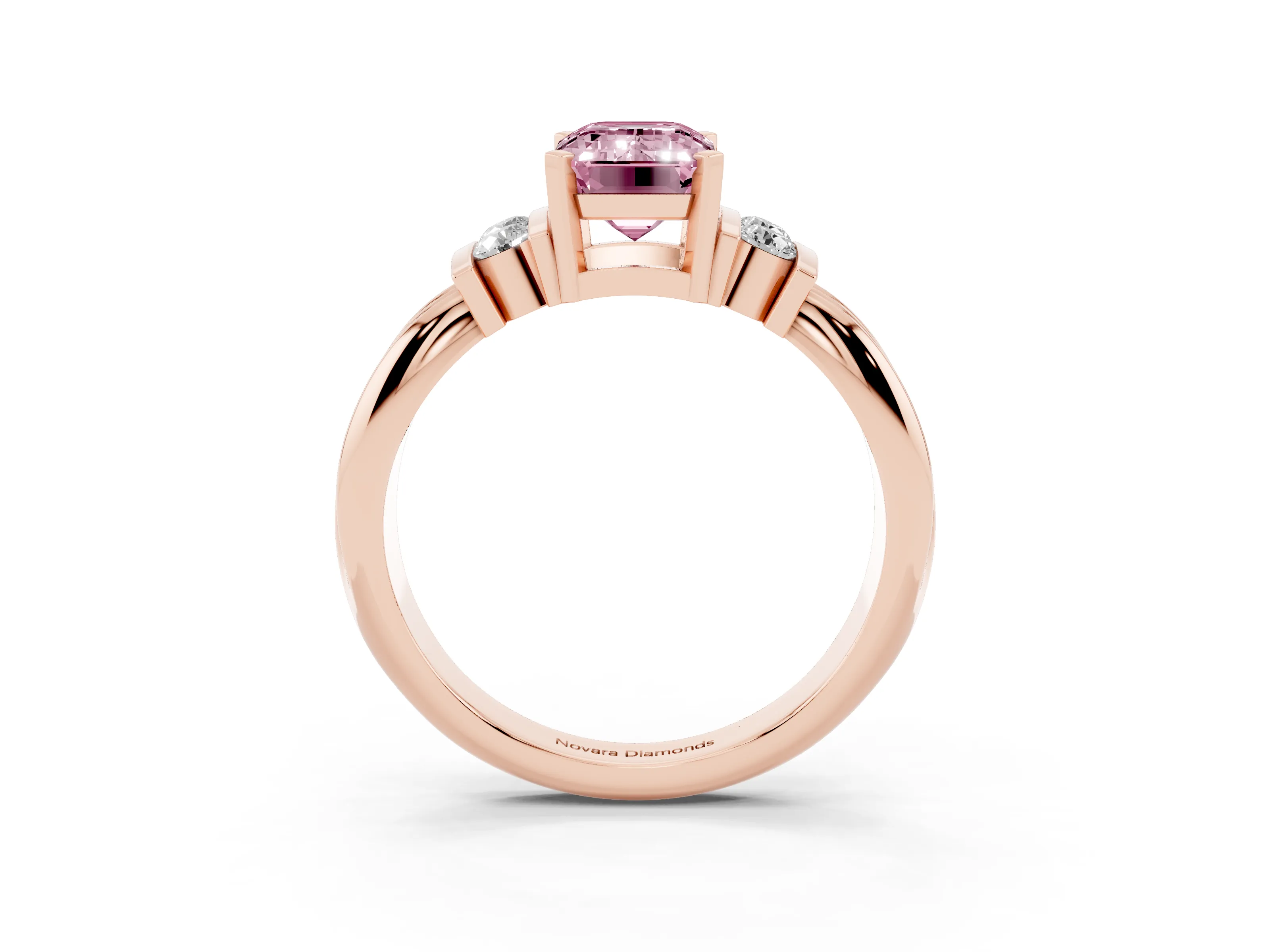 Fancy Pink Three-Stone Emerald Cut Diamond Channel Set Ring Set in Rose gold with Bar Prongs