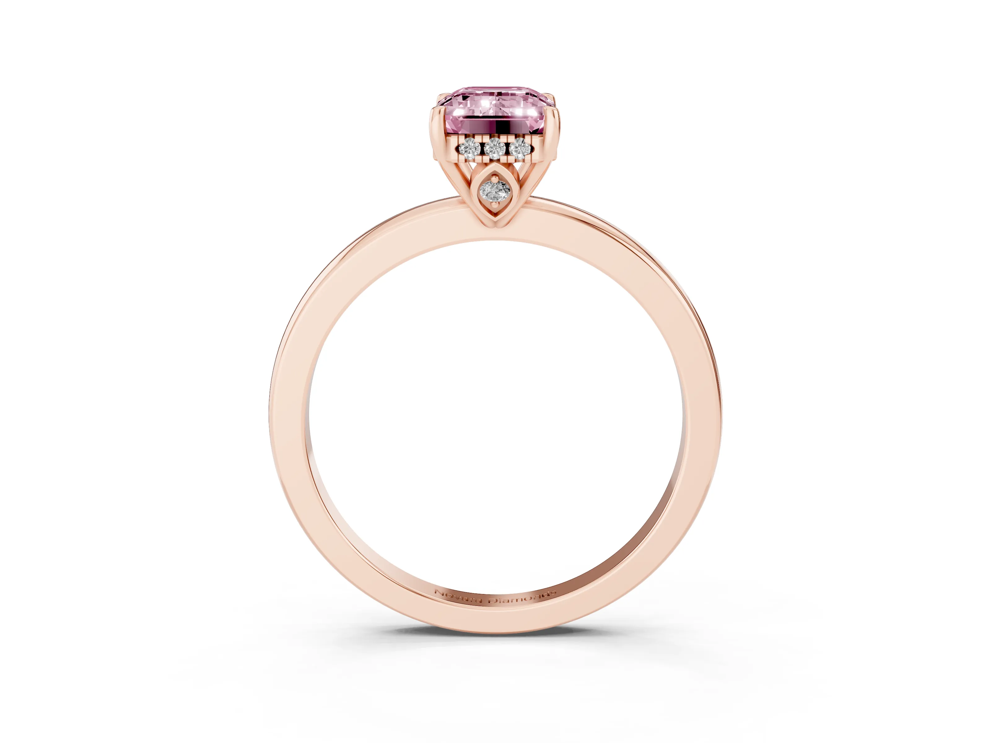 Fancy Pink Emerald Cut Diamond Solitaire Ring Set in Rose gold with Plain Band and Prong Setting