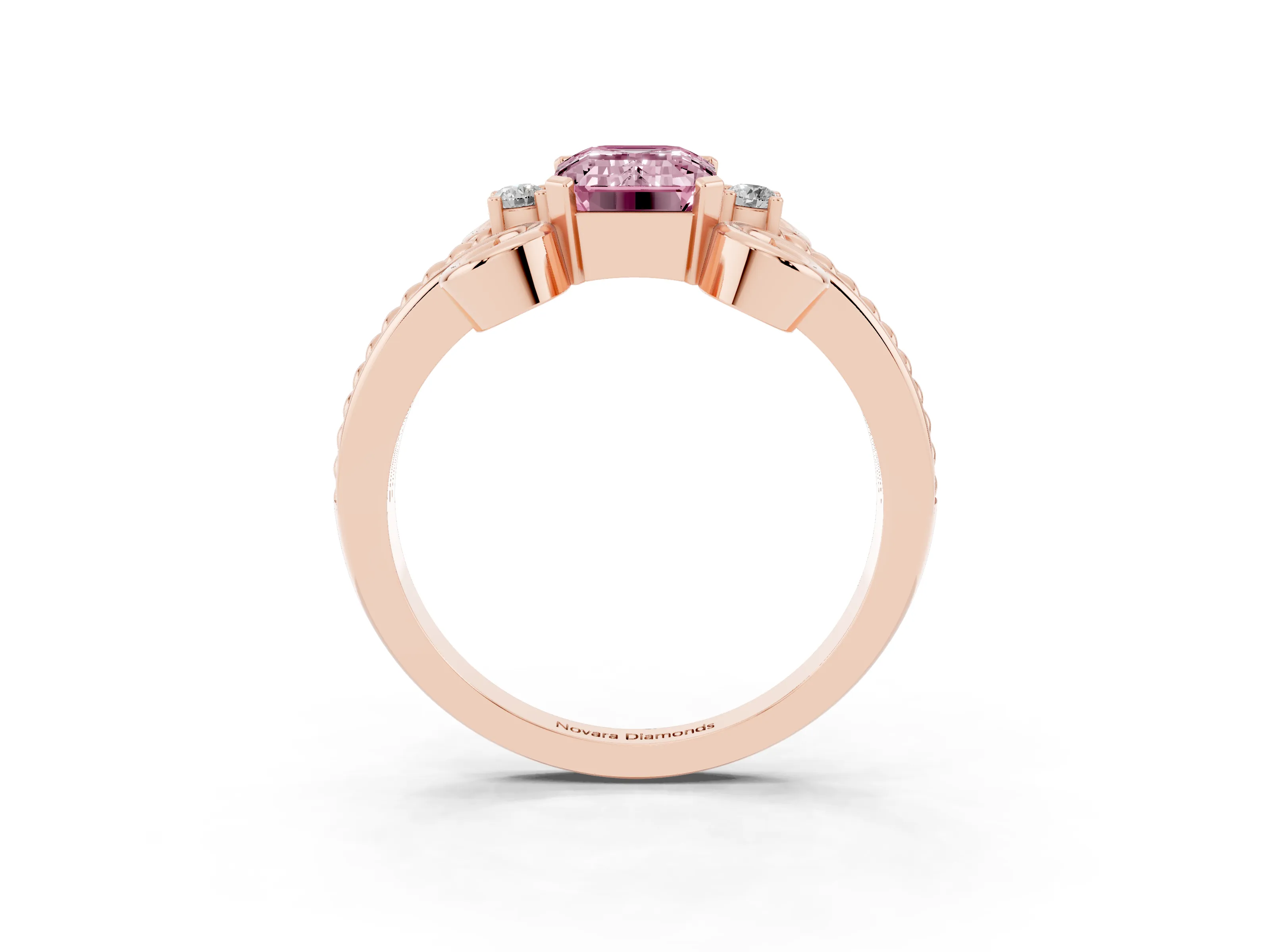 Fancy Pink Emerald Cut Diamond Twisted Band Solitaire Ring Set in Rose gold with Scroll Prongs