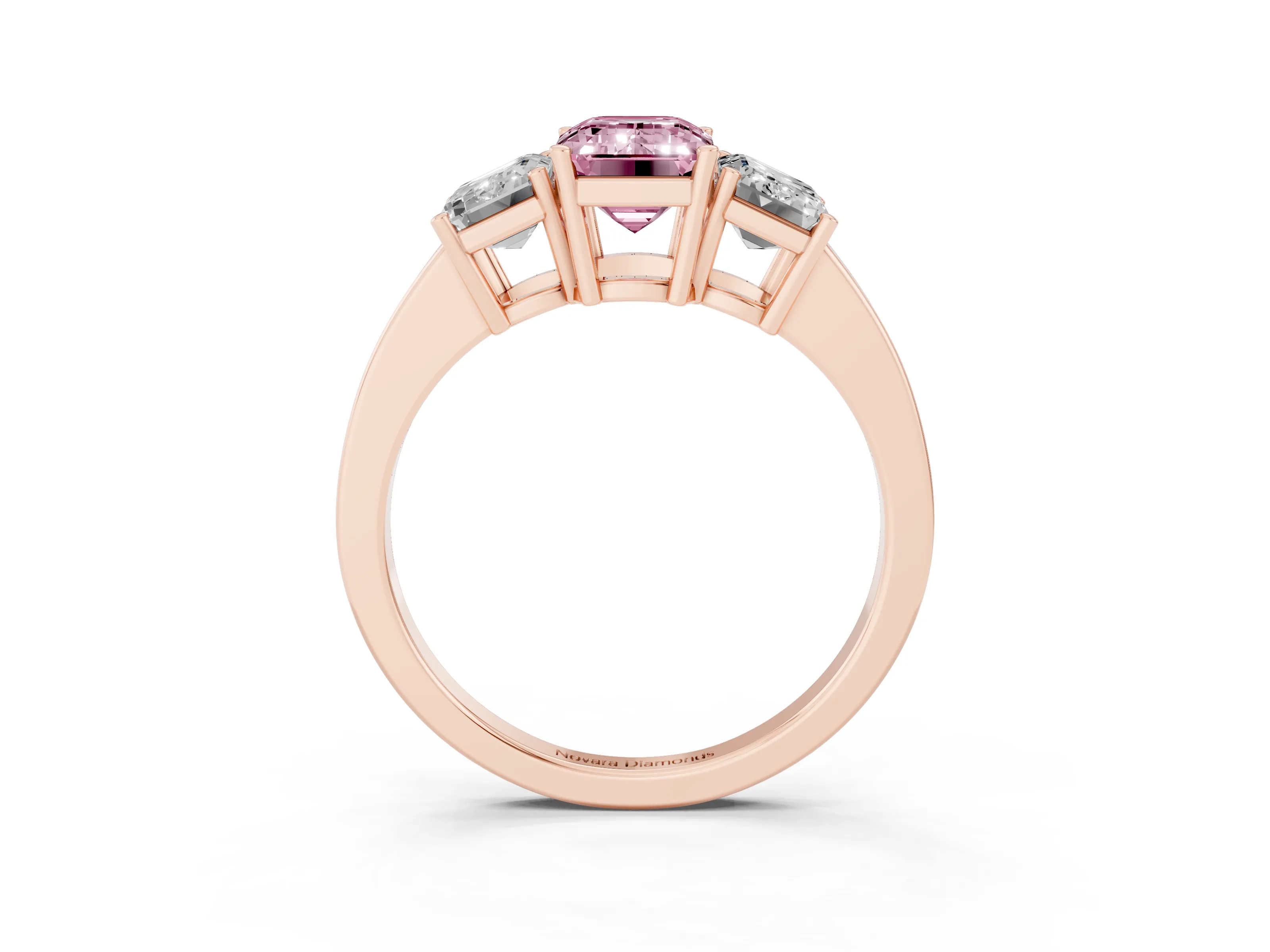 Fancy Pink Emerald Cut Diamond Three-Stone Engagement Ring Set in Rose gold with Flat Band