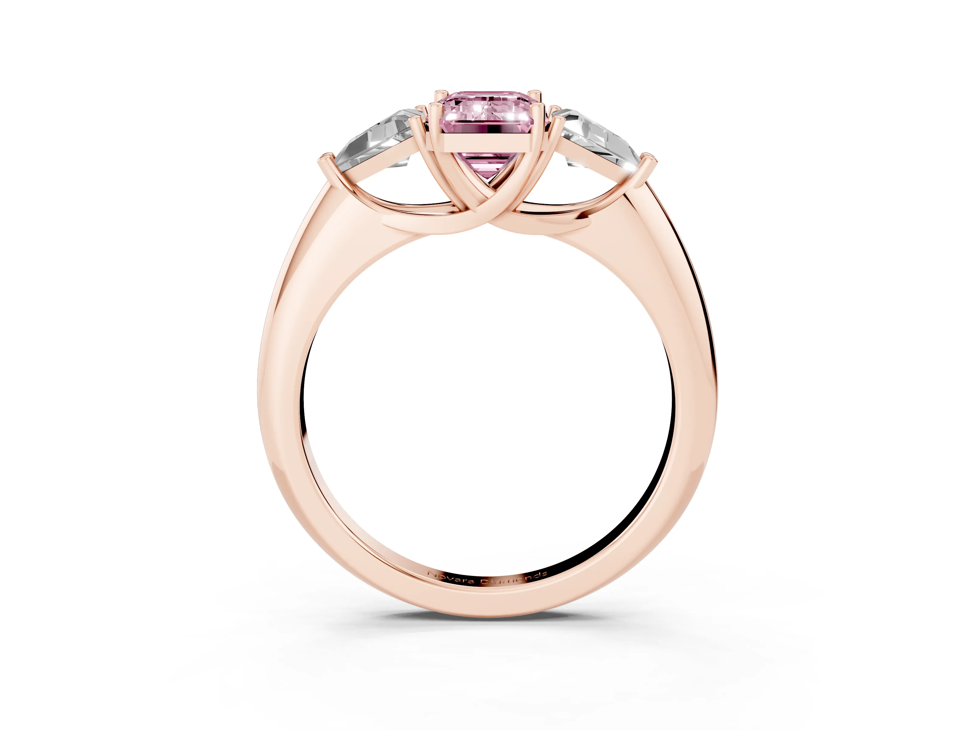 Fancy Pink Emerald Cut Diamond Three-Stone Engagement Ring Set in Rose gold with Trillion Side Stones