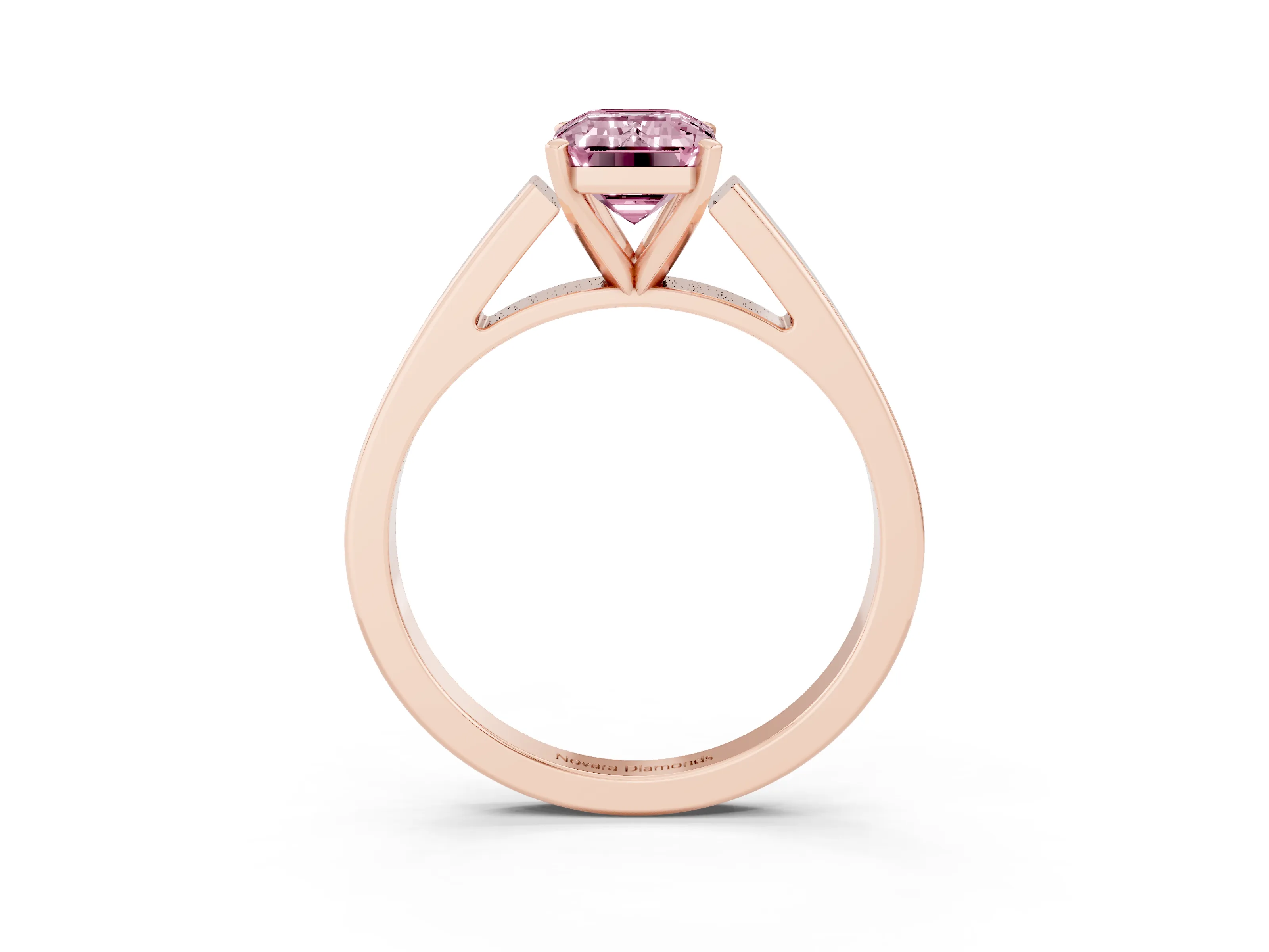 Fancy Pink Emerald Cut Diamond Solitaire Engagement Ring Set in Rose gold with Prong Setting and Tapered Band