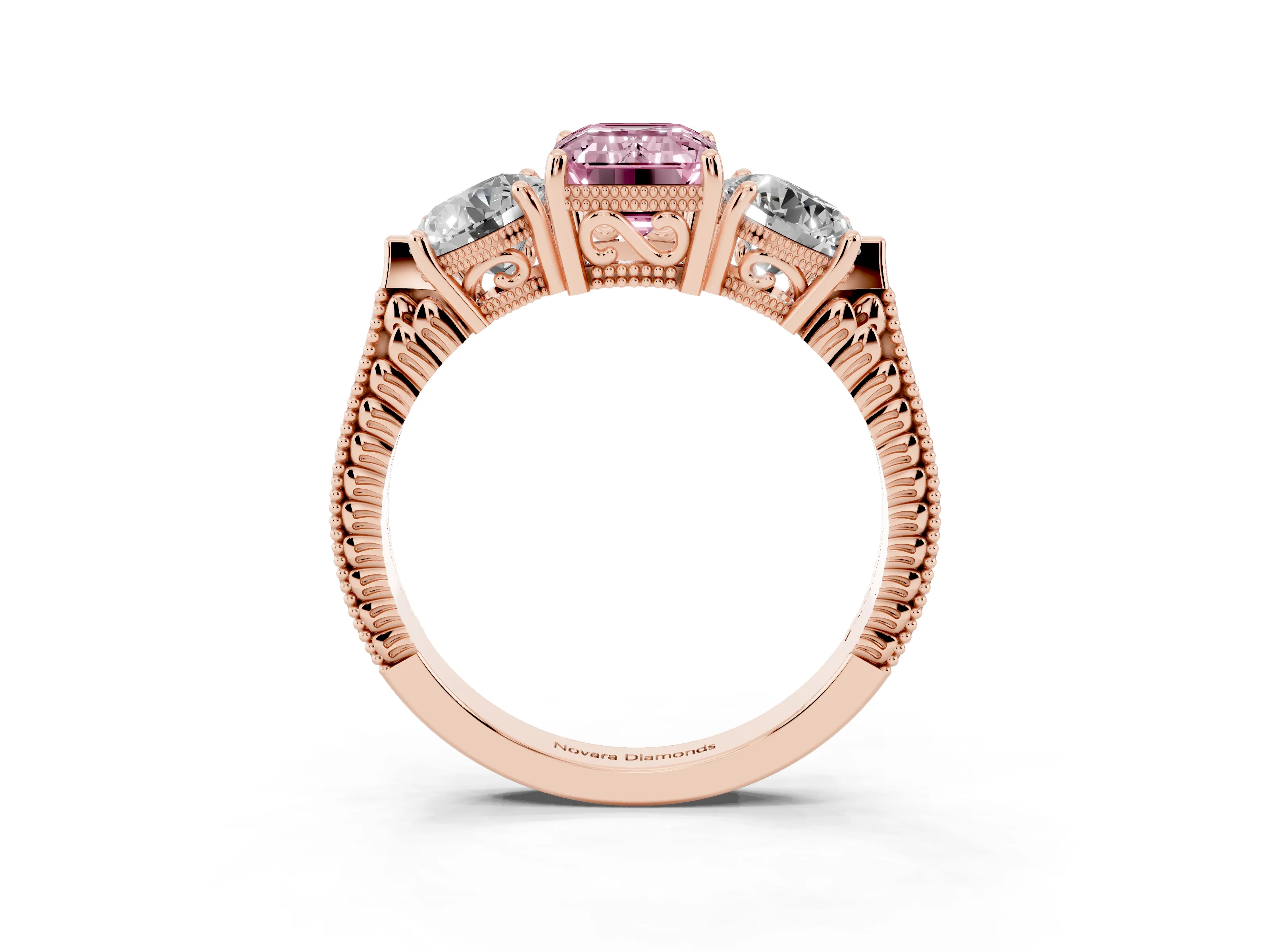 Fancy Pink Emerald Cut Diamond Three-Stone Ring Set in Rose gold with Milgrain Band